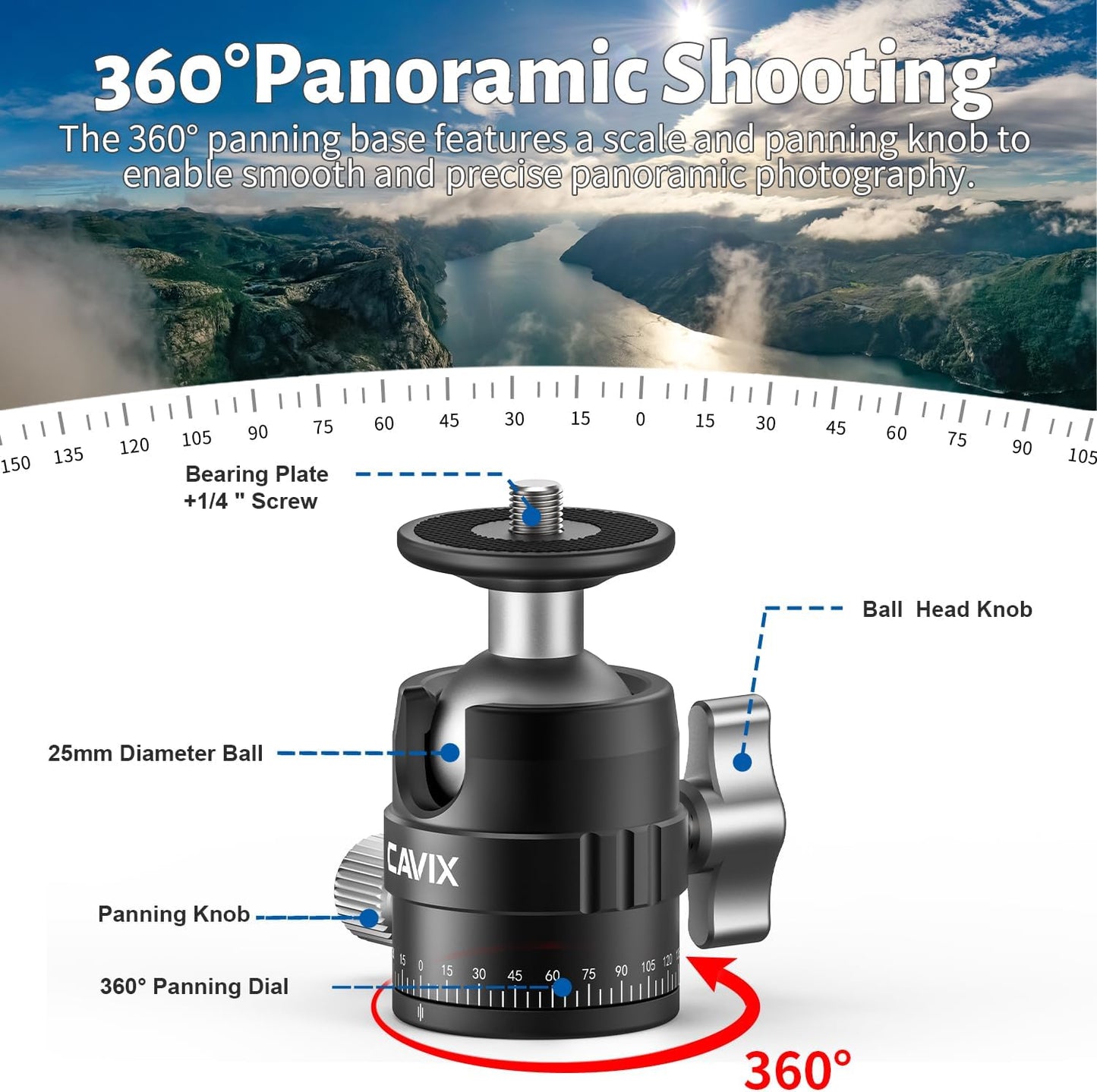 CAVIX 25mm 360 1/4" 11lb/5kg Mini Ball Head Panoramic Tripod Head Small Ball Head with Quick Release Plate