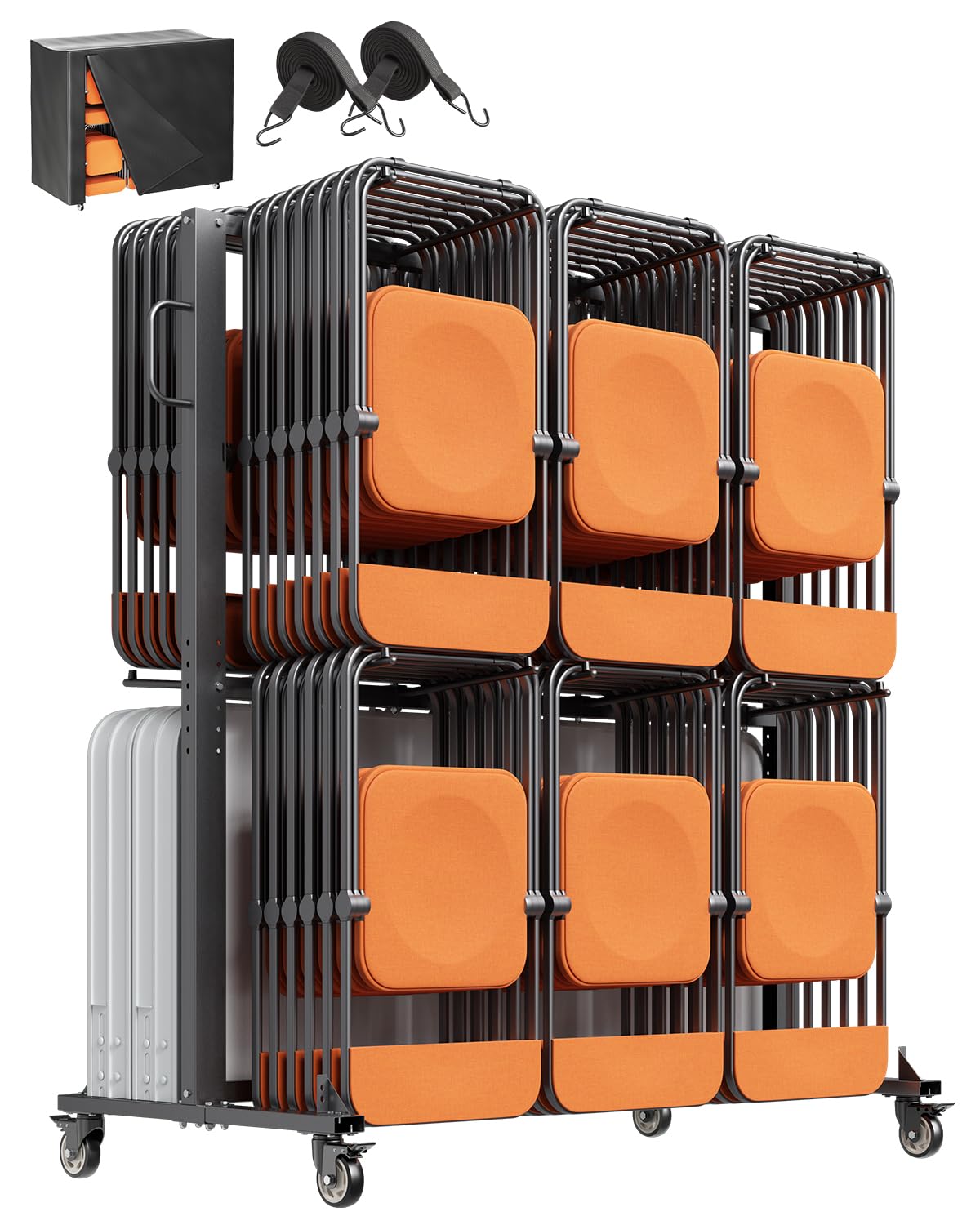 VEVOR Folding Chair Rack, 800 LBS Capacity, Heavy-Duty Chair Cart for 84 Chairs/ 12 Tables+42 Chairs, Dual-Layer Chair Storage Dolly with Rubber Wheels and Holders, Large Chair Holder, Matte Black
