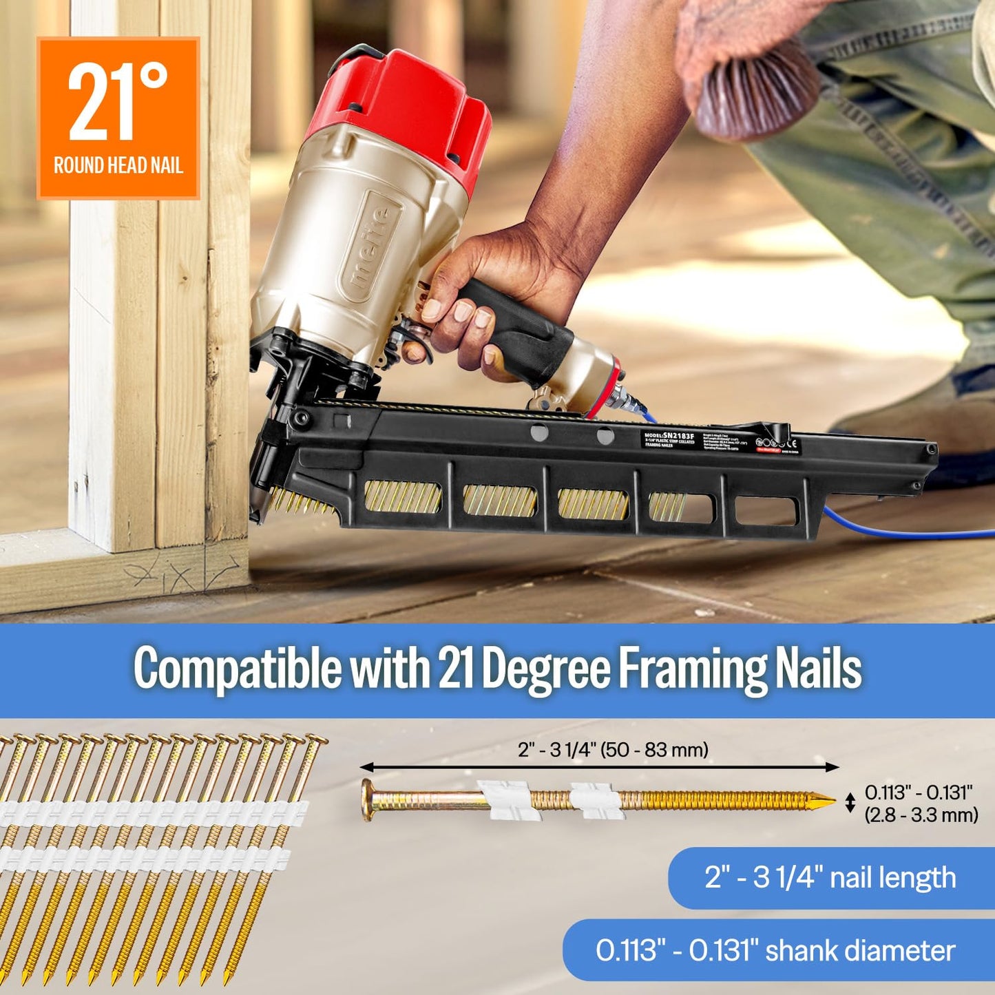 meite SN2183F 21 Degree Framing Nailer with 3 Inch x 0.12 Inch Galvanized Nails 2,000PCS, Air-Powered Framing Nail Gun for Wall Studs Pallet Sheathing Roof Decking