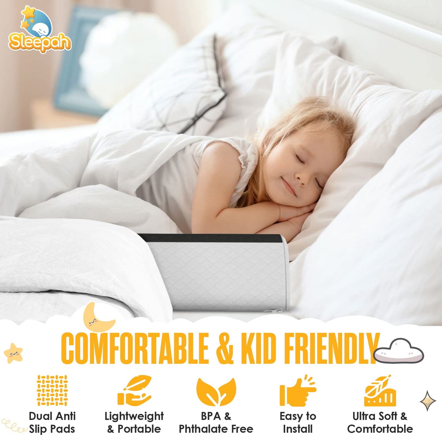 Sleepah Bed Rail for Toddlers (2 Pack) Memory Foam Bumper Guard w Dual Non-Slip Pads (Top & Bottom) Waterproof Washable Soft Removable Cover Safety Noodle for King Queen Full Twin Beds (2)
