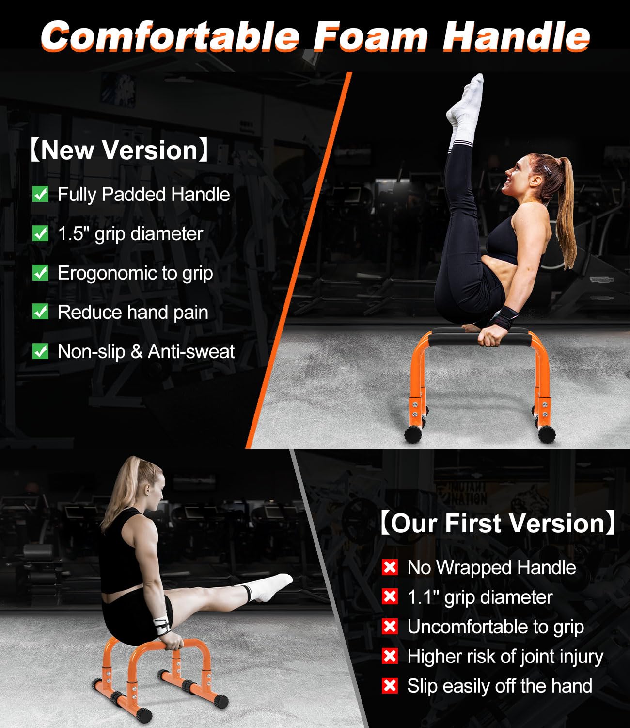 TABEKE Push Up Bar, 12" High Parallettes Bars & Dip Bar With Full-Cover Foam Handles, No Wobbling Calisthenics Equipment For Handstand, L-Sit, Gymnastics, Strength Training Home Gym