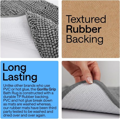 GORILLA GRIP Bath Rug Mat - Thick Soft Chenille | Quick Dry Microfiber, 30x20, Grey Washable Bathroom Accessory