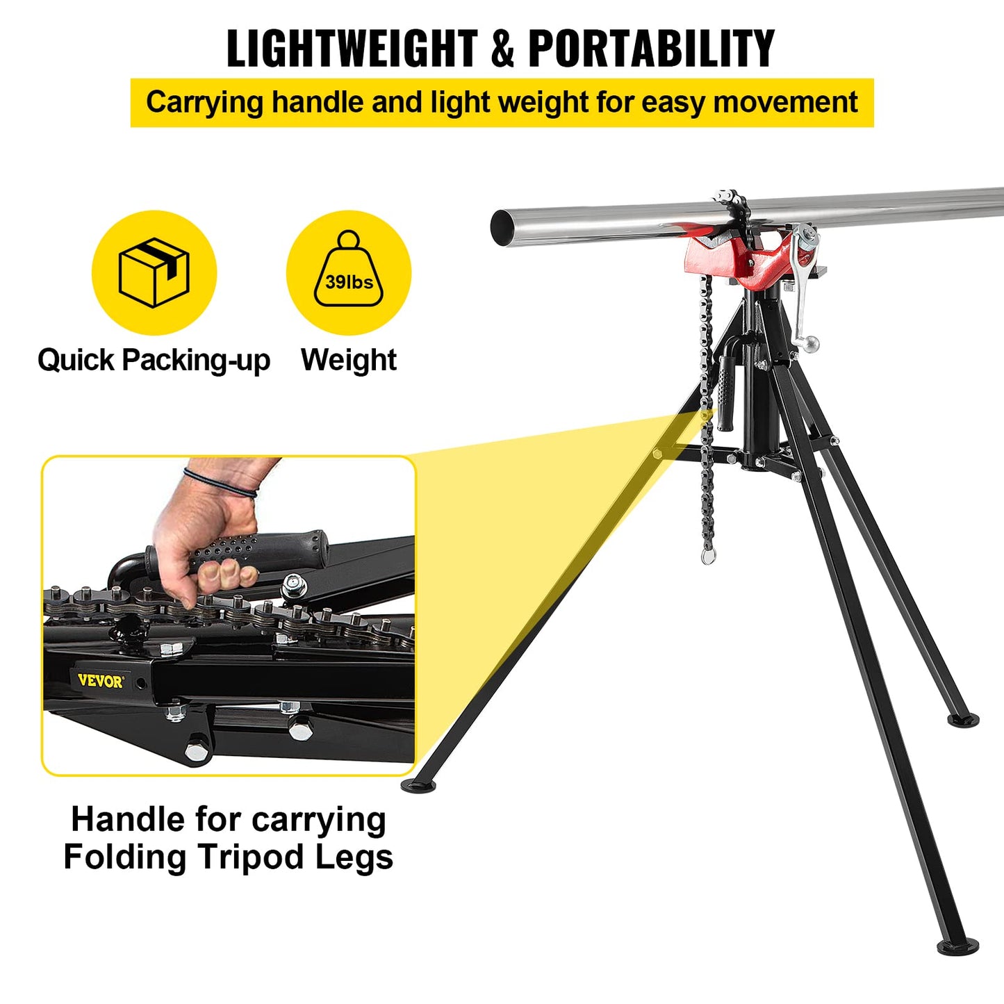 VEVOR Tripod Pipe Chain Vise, 1/8"-5" Pipe Capacity, 36.4“ Length Chain Vise Stand with Portable Folding Steel Legs, for Grabbing, Supporting and Bending Pipes in Factory, Workshop and Home