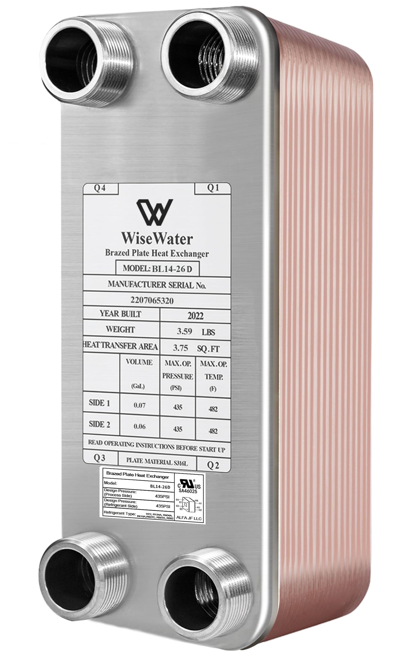 Brazed Plate Heat Exchanger Stainless Steel SS316L 3"x8" 26 Plates 3/4" MPT 210,000 BTU/hr Hydronic Heating