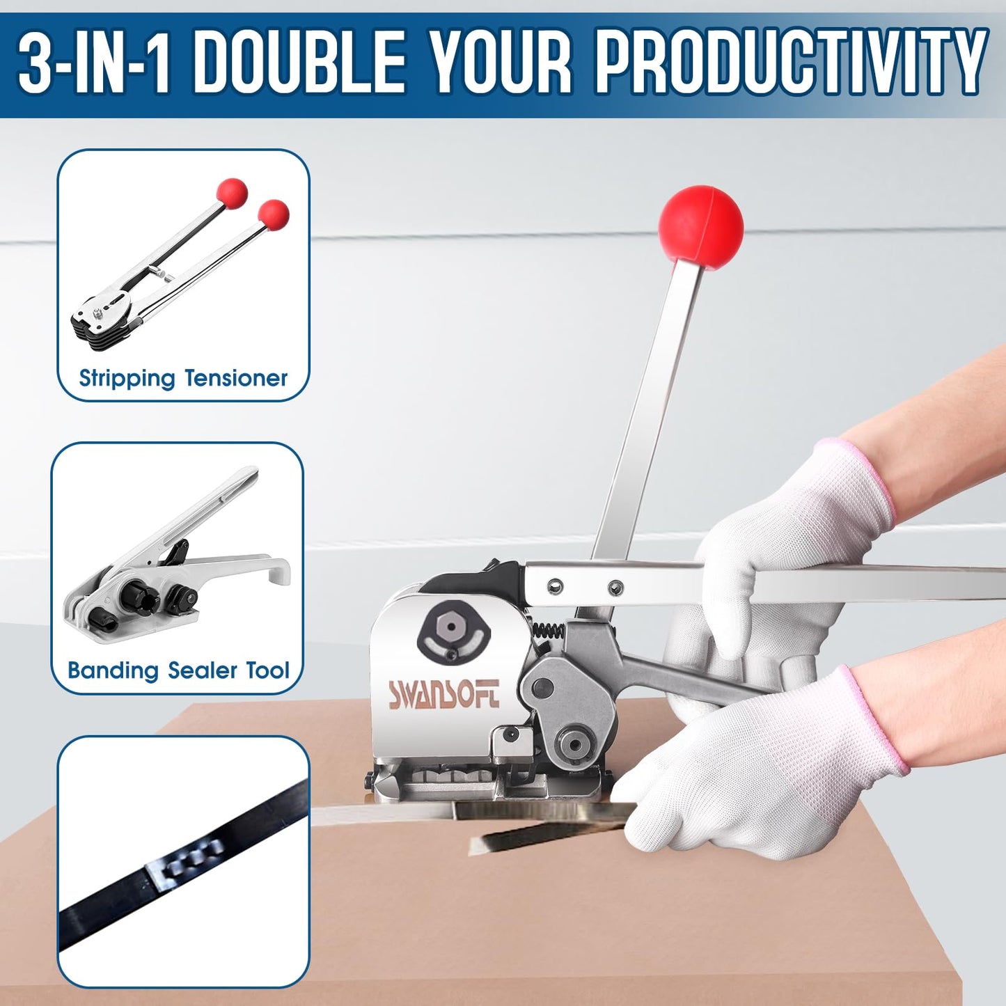 SWANSOFT Steel Banding Strapping Kit, Stainless Manual Packaging Banding Strapping Machine, Metal Steel Banding Tool Packing for Width 1/2" 5/8" 3/4" Sealless Combination Tools (No Need Buckle)