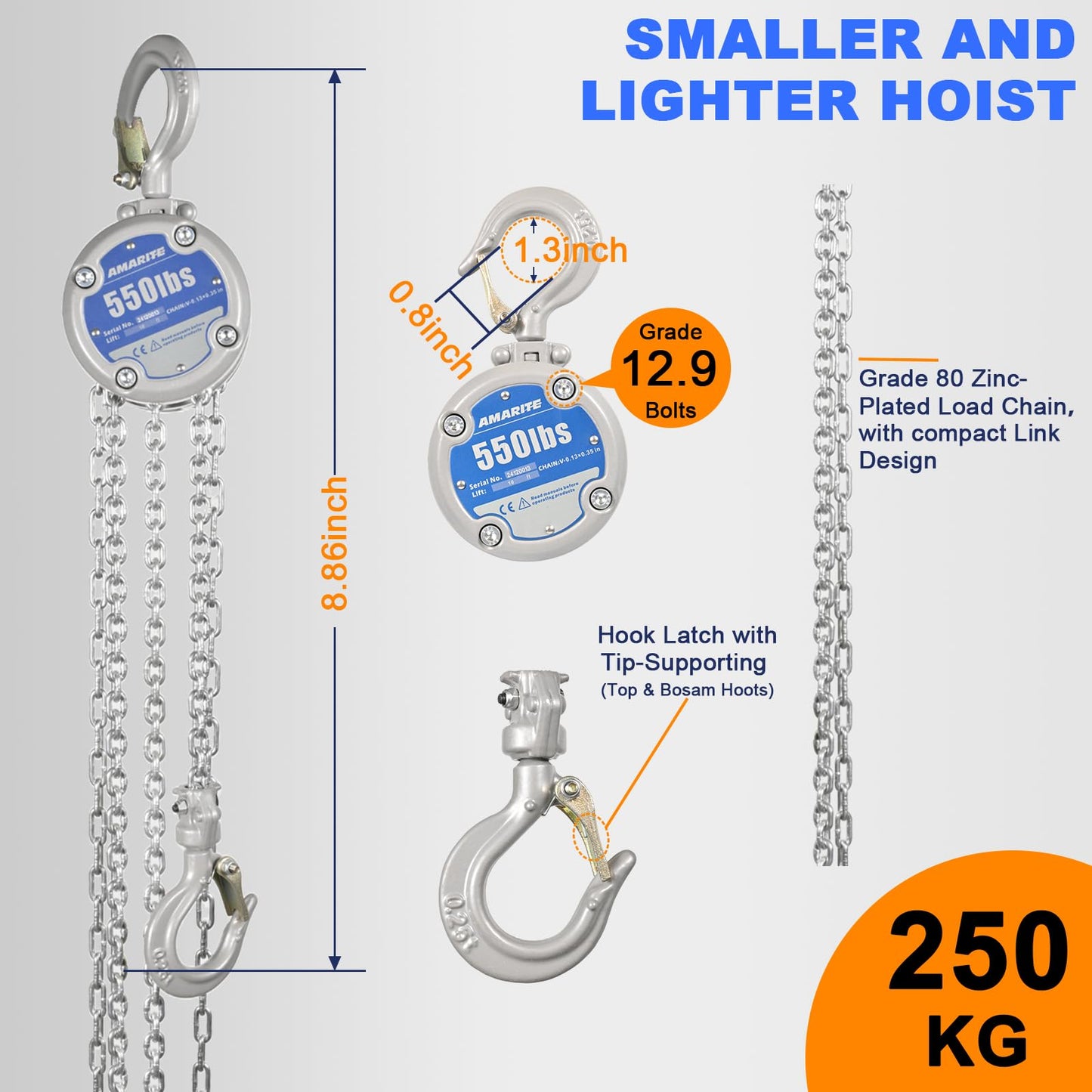 2 Pack AMARITE 1/4 Ton Compact Small Chain Hoist 550lbs Capacity Low-Profile Design with Dual Brakes & Mini Chain Lever Hoist Come Along - Small and Lightweight 0.25 Ton 550lbs Capacity 10ft Lift