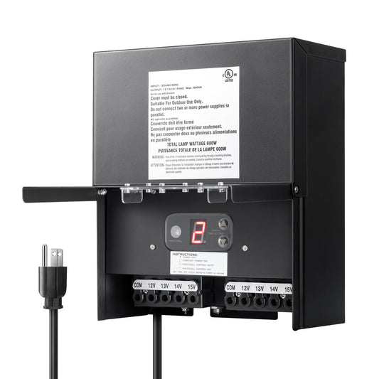 DEWENWILS 600W Low Voltage Landscape Transformer, Outdoor Weatherproof Transformer with Timer and Photocell Sensor, 120V AC to 12V/13V/14V/15V AC for LED Lighting, Walkway Light, cULus Listed