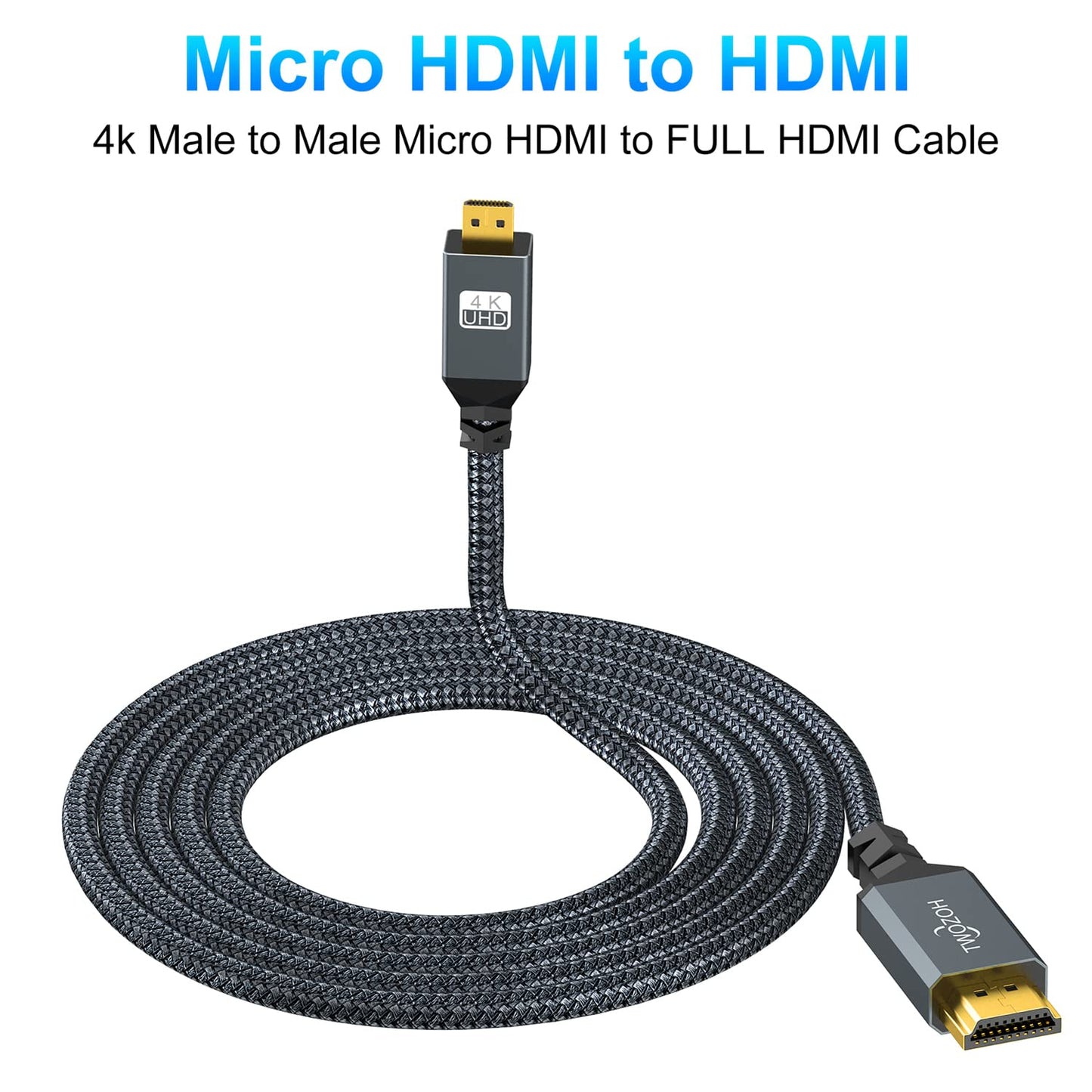 Twozoh 4K 1FT, 3D 4K/60Hz 1080p Micro HDMI to HDMI Cable Short High-Speed Full HDMI to Micro HDMI Braided Cord Support