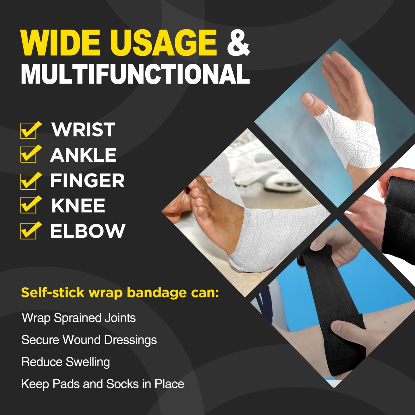 OK TAPE 12 Rolls Self Adhesive Bandage Wrap, Elastic Athletic Tape, Self Stick Bandage Tape, Vet Wrap, Medical Wrap for Wrist, Feet, 2" x 5 Yards - Black