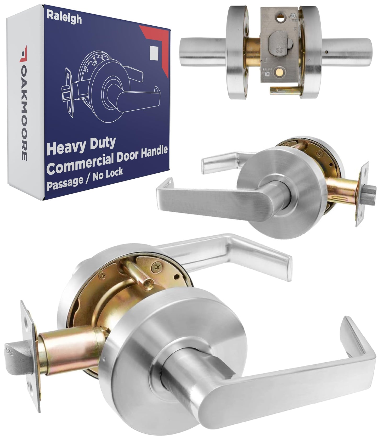 OAKMOORE Heavy Duty Commercial Door Handle | Passage Function | Grade 2 | No Lock/Key | for Meeting Rooms & Kitchens | Nickel Finish | C UL & ADA | ANSI A156.2
