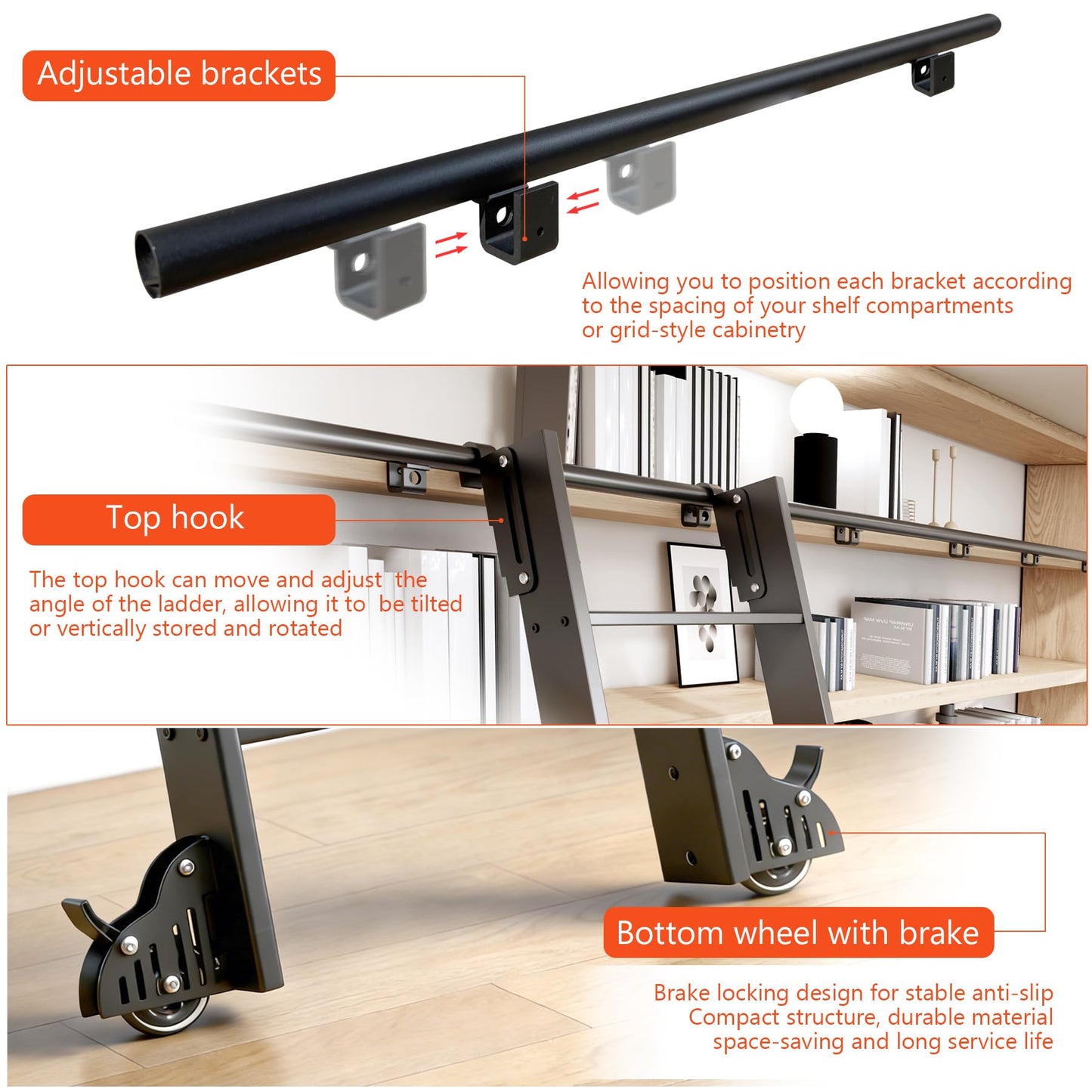 87" Sliding Library Ladder, Black +8FT Rolling Track Kit
