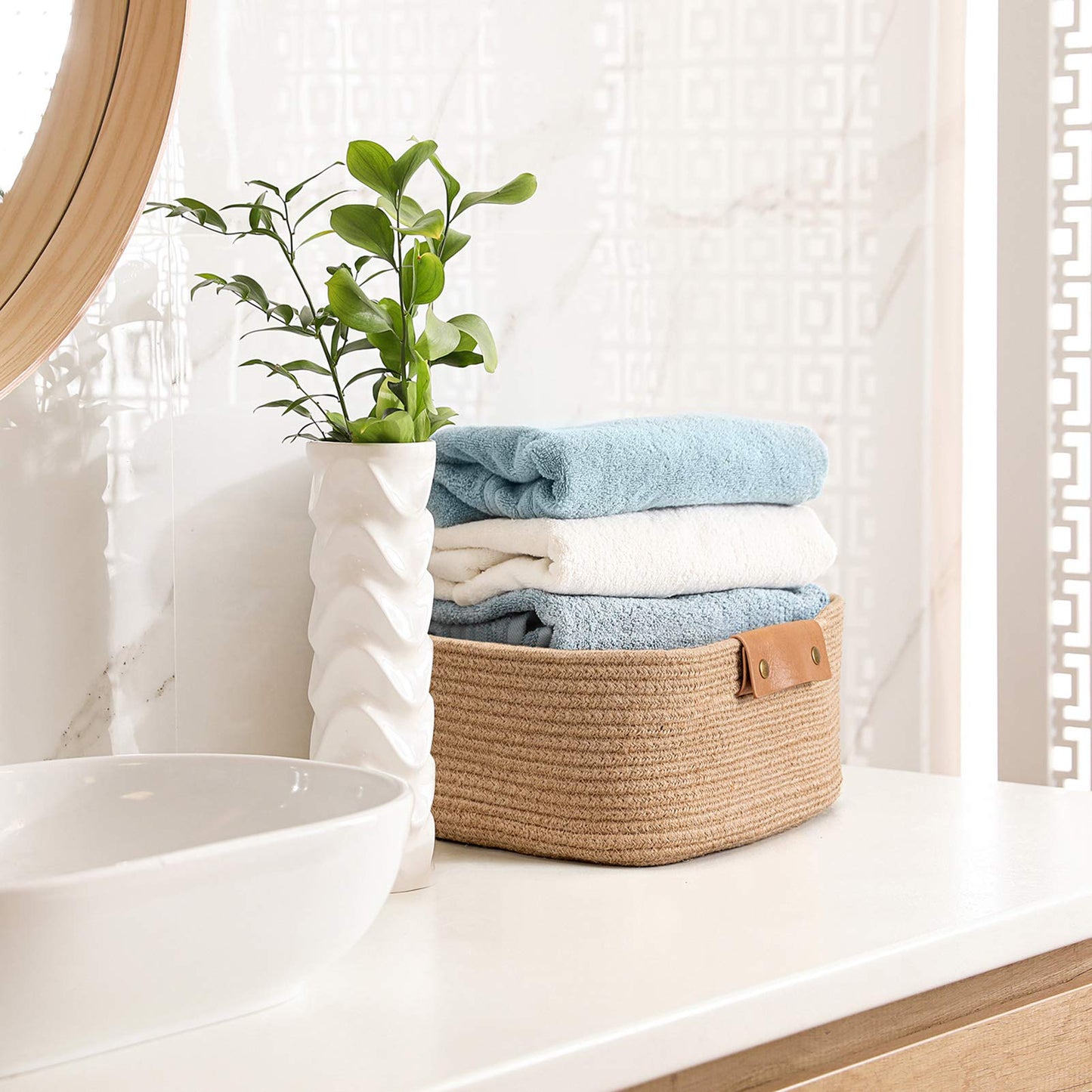 CHICVITA Rectangle Jute Rope Woven Basket with Handles for Books, Magazines, Toys - Decorative Rectangle Basket for Baby Nursery, Living Room, Bathroom