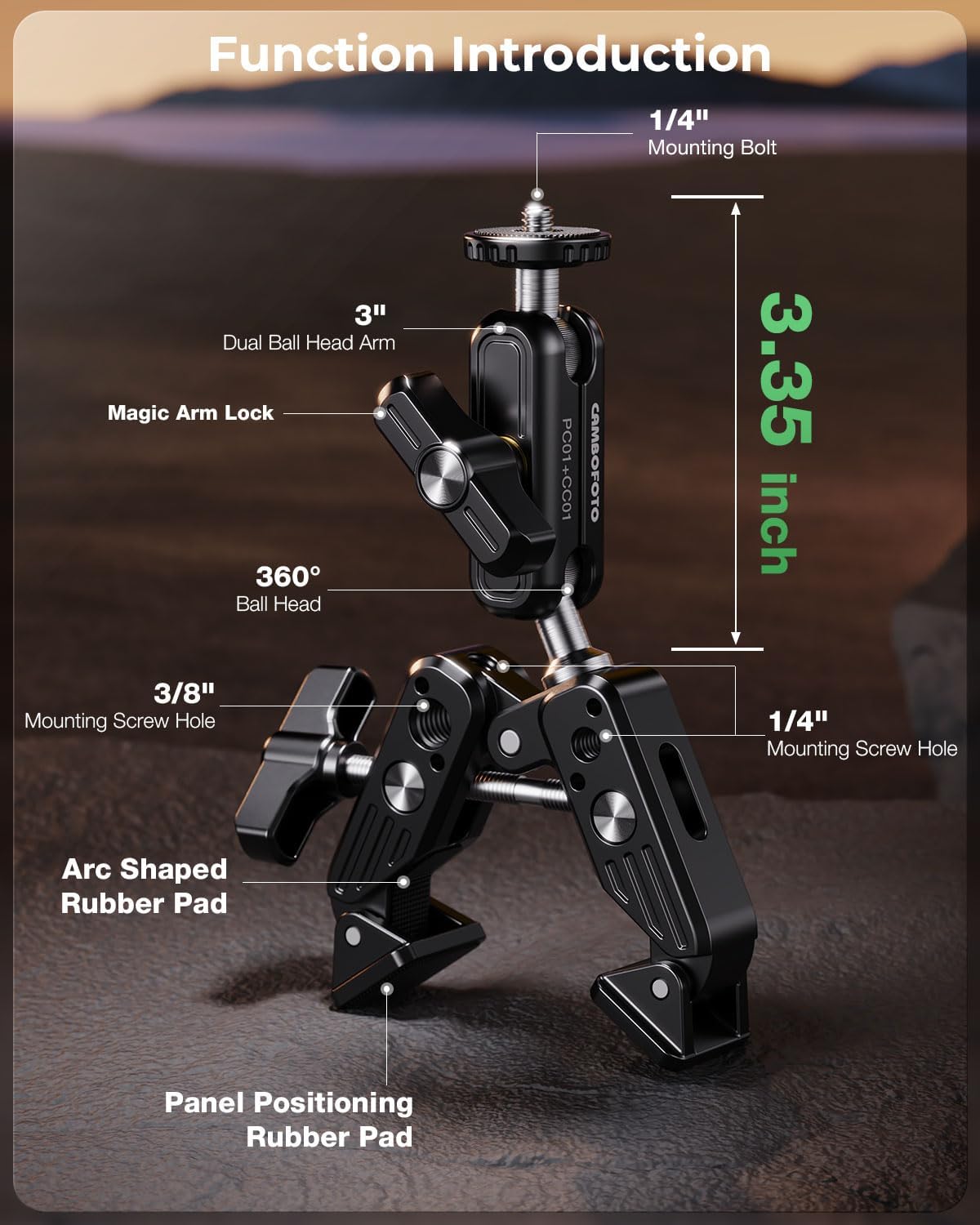 CAMBOFOTO 360 1/4"-20 3/8"-16 Camera/Gopro/Ronin-M/MOVI/Insta360/Tripod/Desk Super Clamp Camera Mount, Dual Ballhead