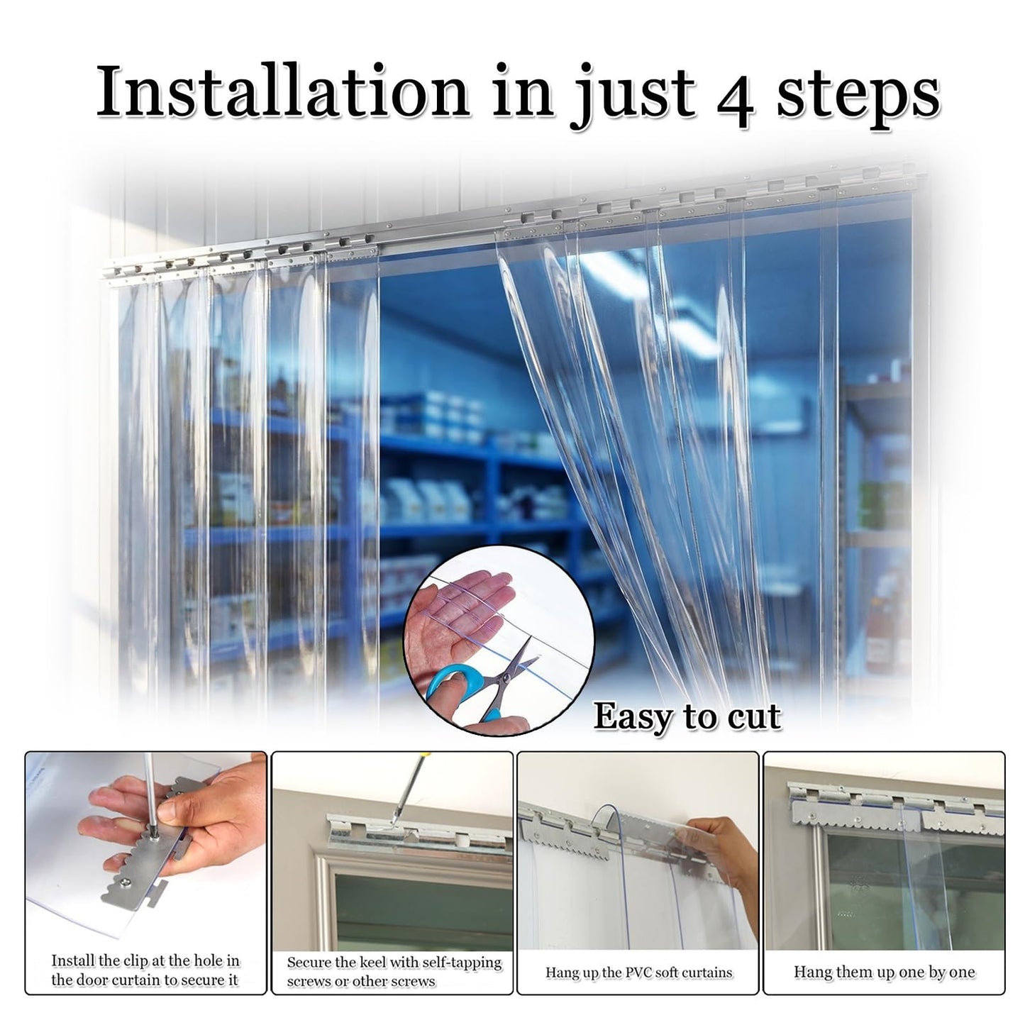SHINGJING Heavy Duty Clear PVC Strip Curtain Door Kit，1.7mm Thick Plastic Vinyl Strips for Industrial Freezer Room, Walk in Cooler, Garage, Warehouse(W225xH250cm/W88.58xH98.43in)
