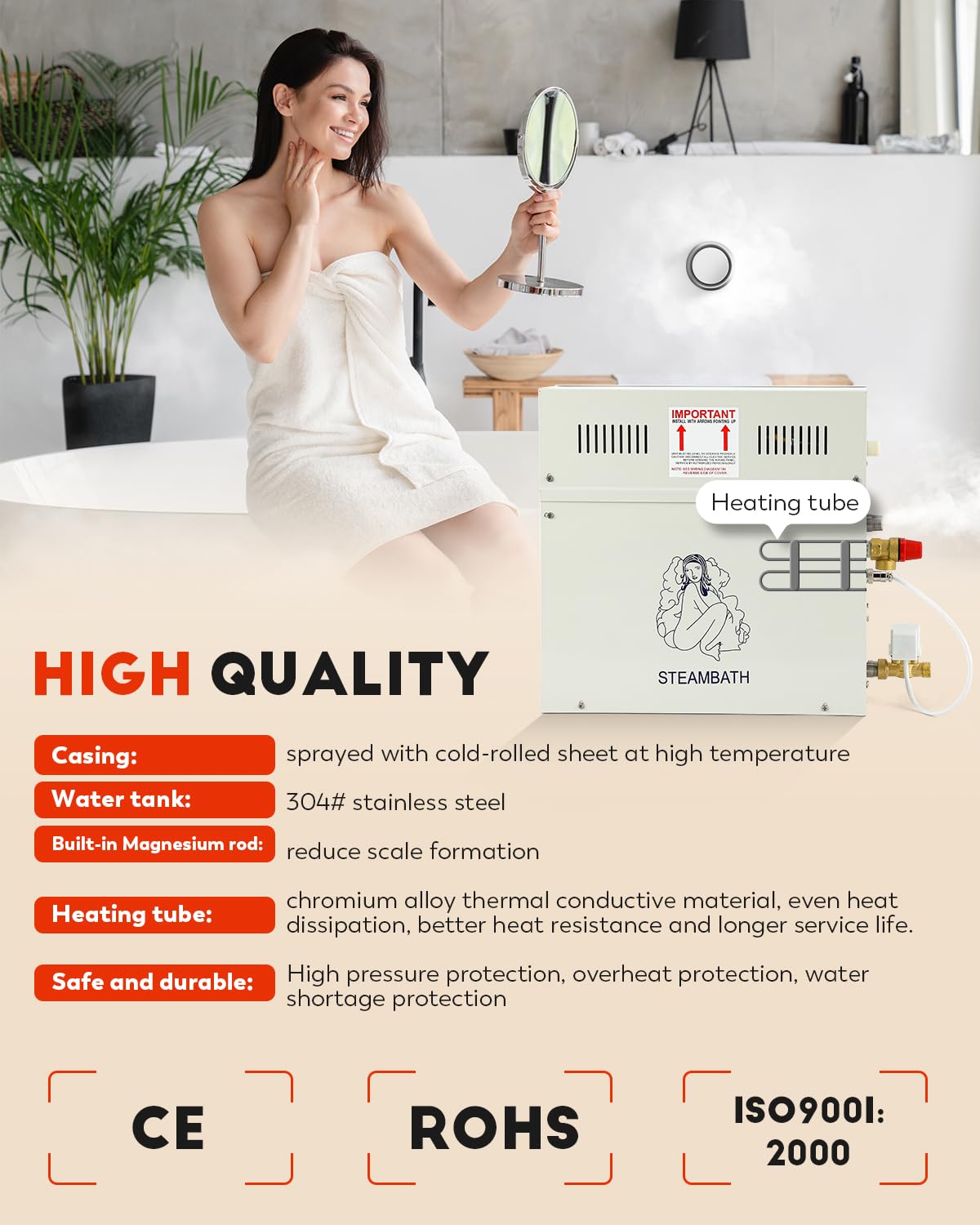 CGOLDENWALL 10.5KW Luxury Steam Generator Shower System Kit Complete Home Steam Sauna Spa Steam Bath Generator with Waterproof Control and Auto Drain 95-131℉ Max Space Heating 10.5 m³/371 ft3 (10.5KW)