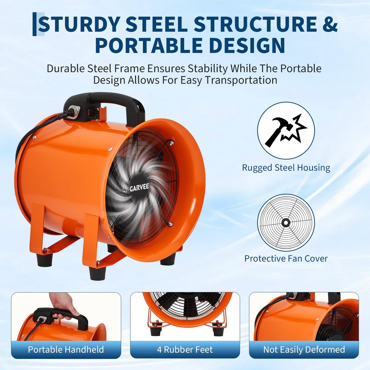 10 Inch Utility Blower Exhaust Fan, Portable Industrial Exhaust Fan with 16.4 ft Flexible Duct Hose, 2000 CFM Low-Noise Air Mover Blower Fan/Extractor/Ventilator for Basements, Workshops, Warehouses