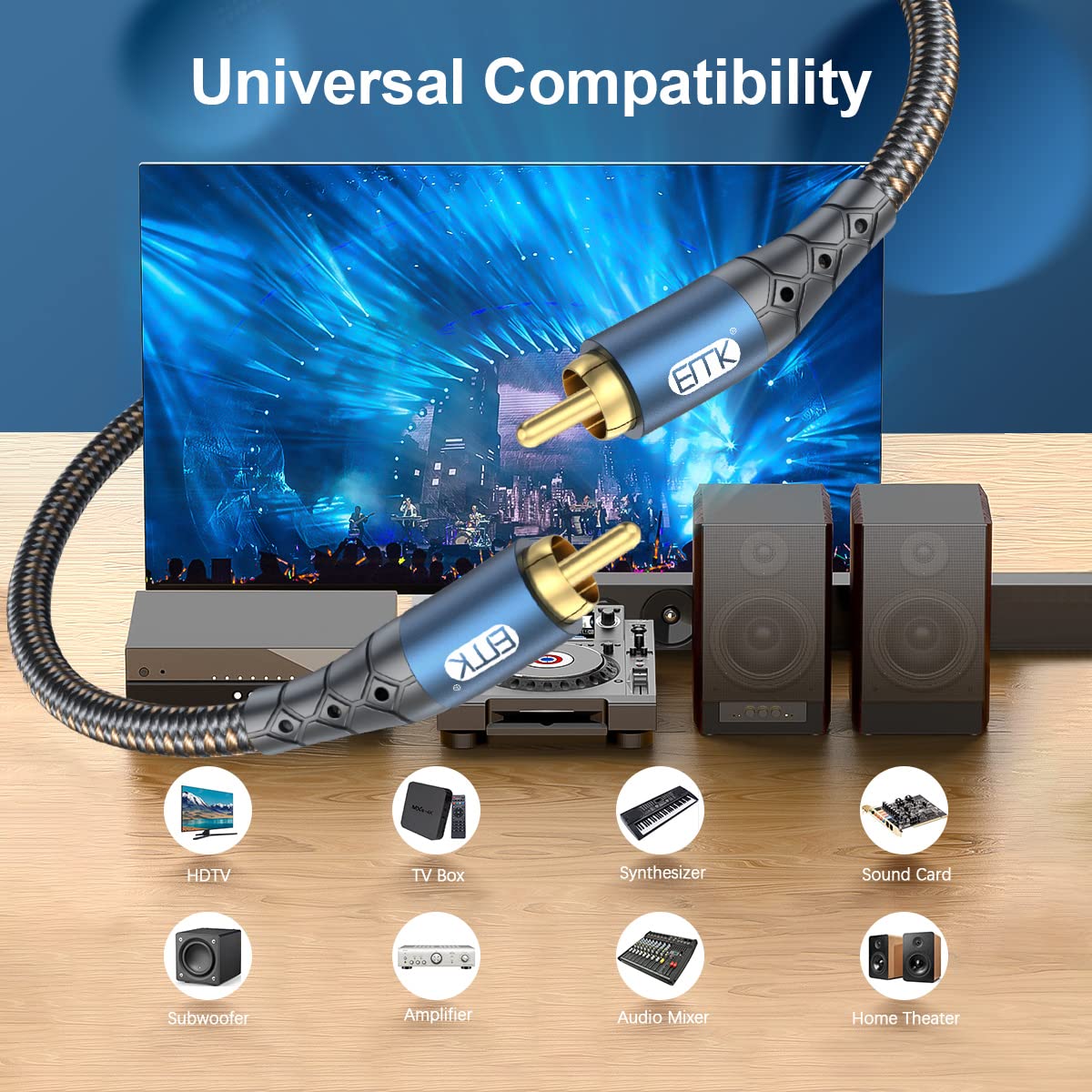 24K Systems,Subwoofer(10ft/3m) EMK Subwoofer Cable RCA to RCA Audio Cable Gold-Plated Nylon Braided Double Shielded