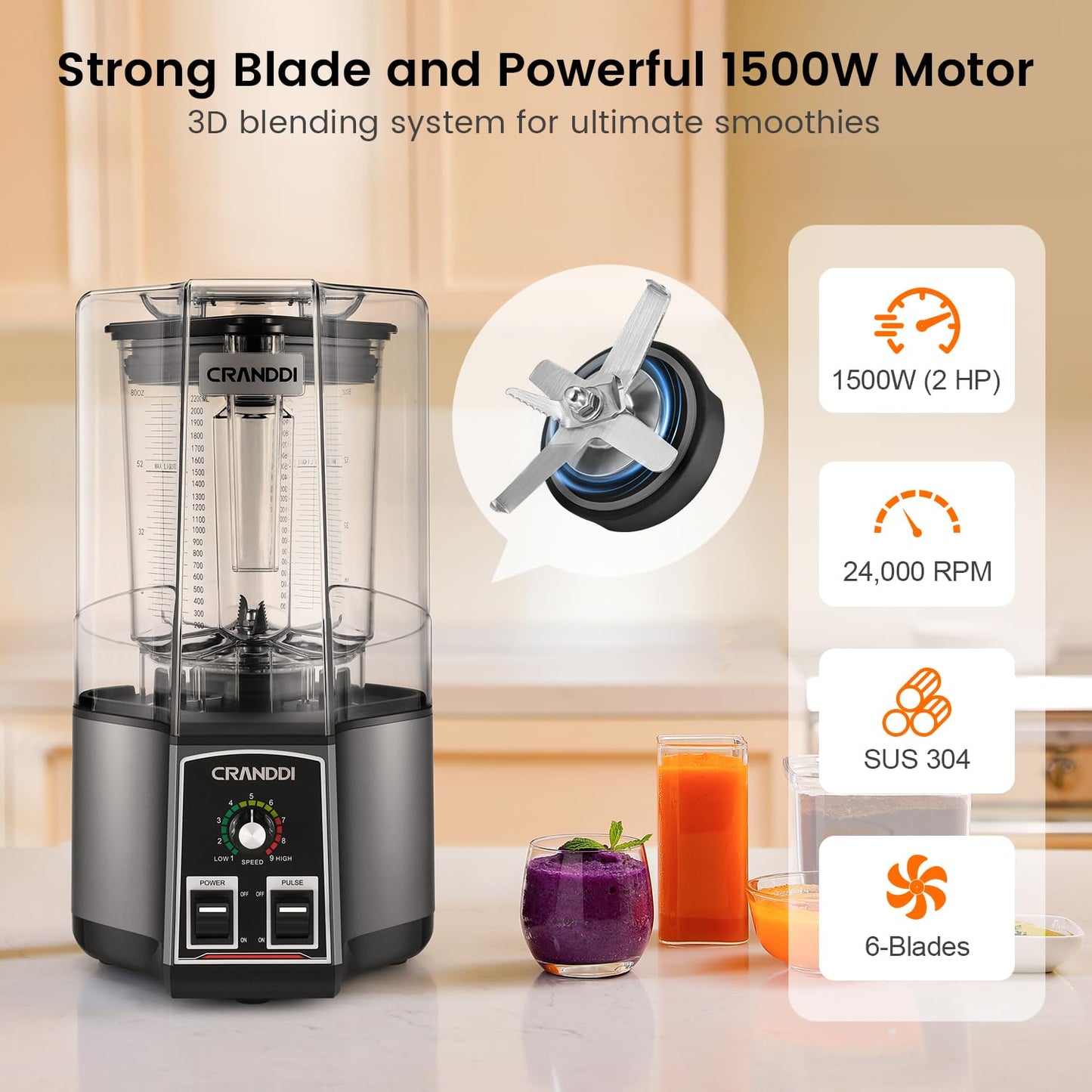 CRANDDI Commercial Blender for Crushing Ice, Chopping, Grinding, Blending, 1500W 80oz Blender with Tamper and Removable Soundproof Cover, K85 (Grey)