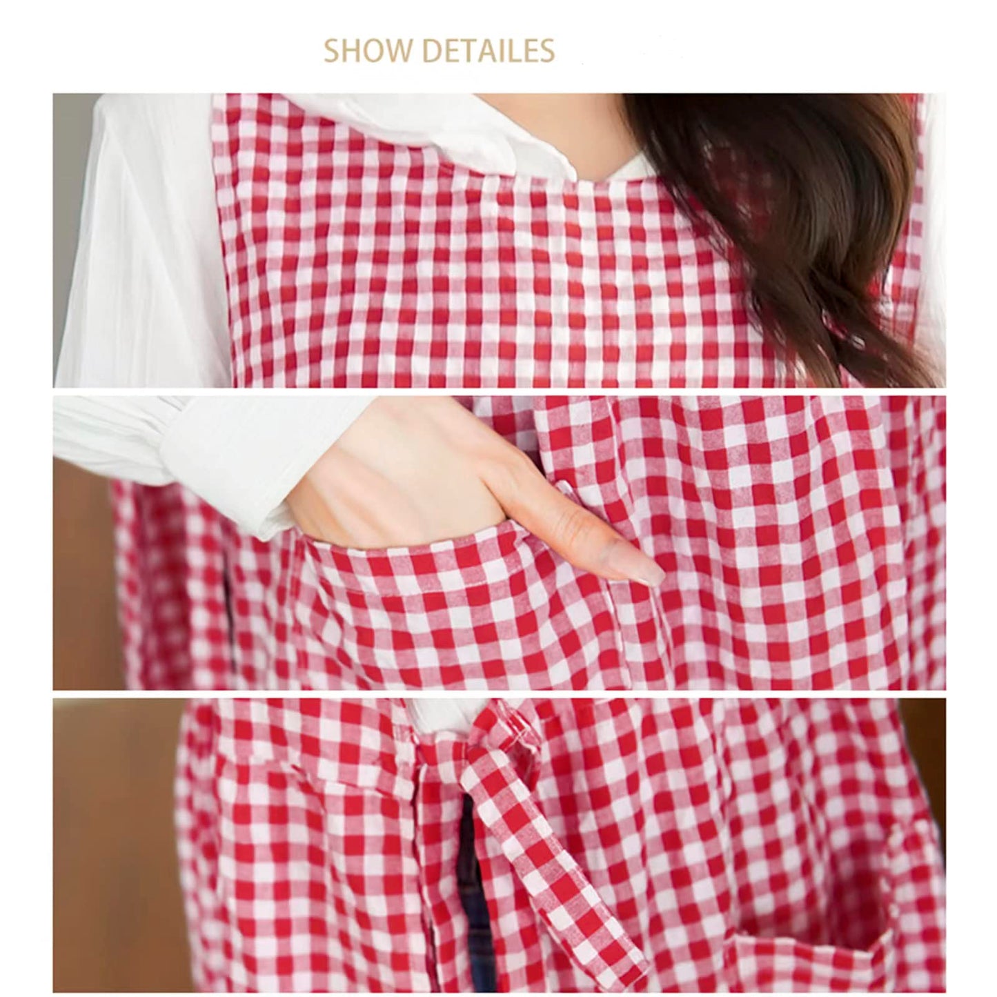 TALIBSA Plaid Apron Dress，Japanese Cotton Linen Cross Back Apron for Women with Pockets，Pinafore Dress with Waist Ties (Red Plaid)