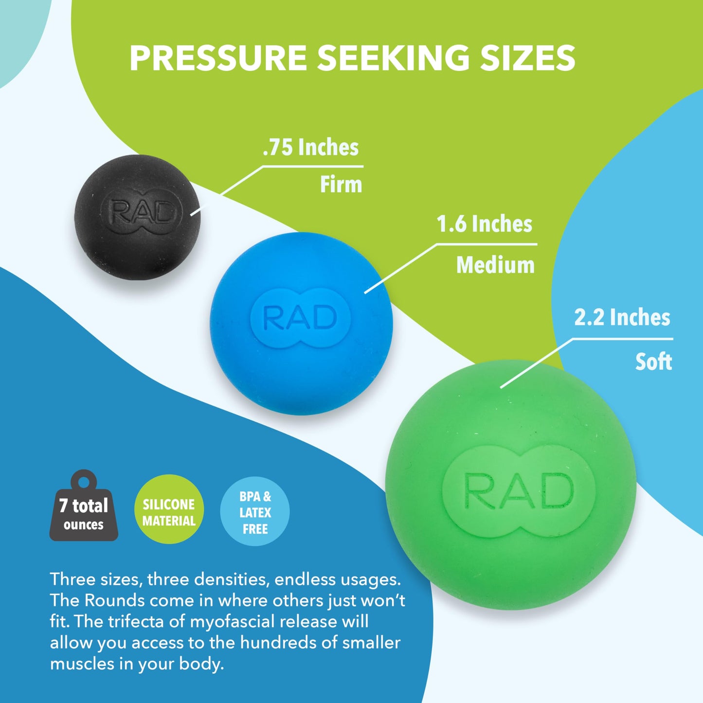 RAD Rounds – 3 Density Yoga Massage Ball Set for Deep Tissue Myofascial Release – Therapy Balls for Feet, Back, Neck, Jaw & Forearms – Trigger Point & Mobility Therapy (3-Pack)