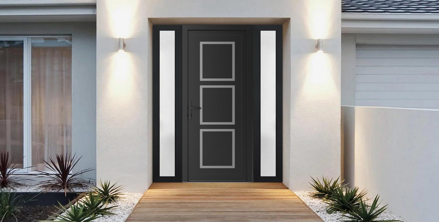 VDOMDOORS Front Exterior Prehung Metal-Plastic Door Frosted Glass | Manux 8661 Matte Black | 2 Side Sidelite Transoms | Residential Doors Entrance Patio Garage 60 x 80 (W12+36+12 x H80) Right-Inswing