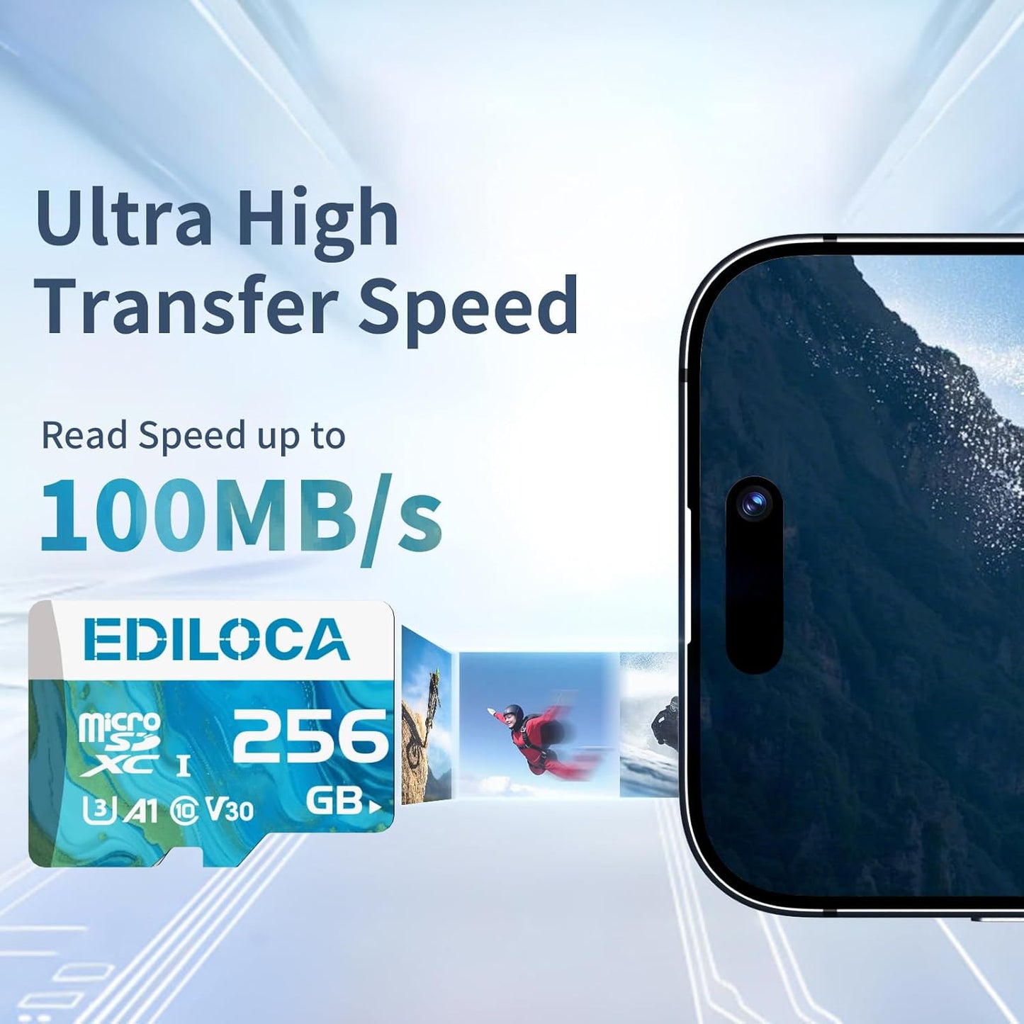 Ediloca 256GB 100MB/s, 4K C10, U3, V30, A1 Micro SD Card, Memory Card with SD Adapter, Read Speed up to UHS-I TF Card