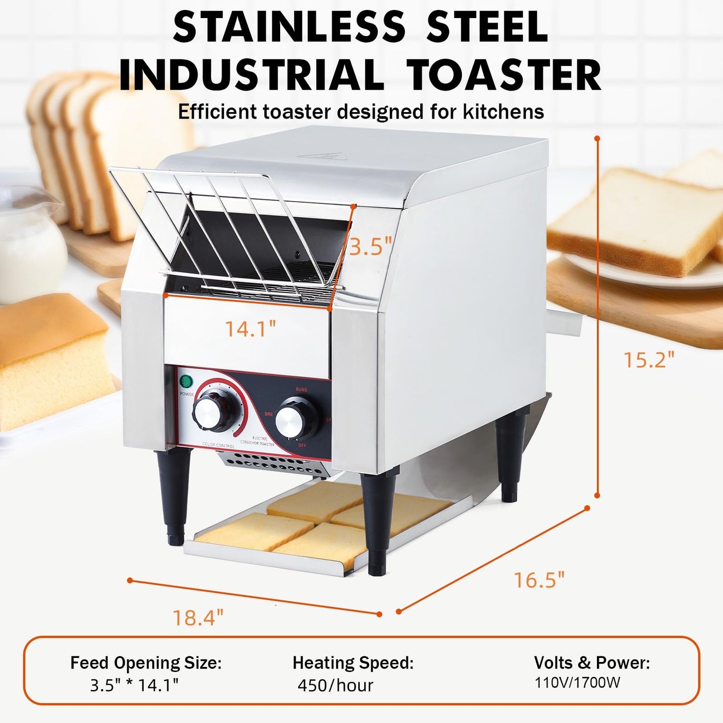 Garvee Commercial Toaster Conveyor 450 Slices/H Heavy Duty Industrial Conveyor Toaster Stainless Steel Electric Oven with Dual Heating Tube 7-speed Adjustments for Bagel Croissant Restaurant Bakery