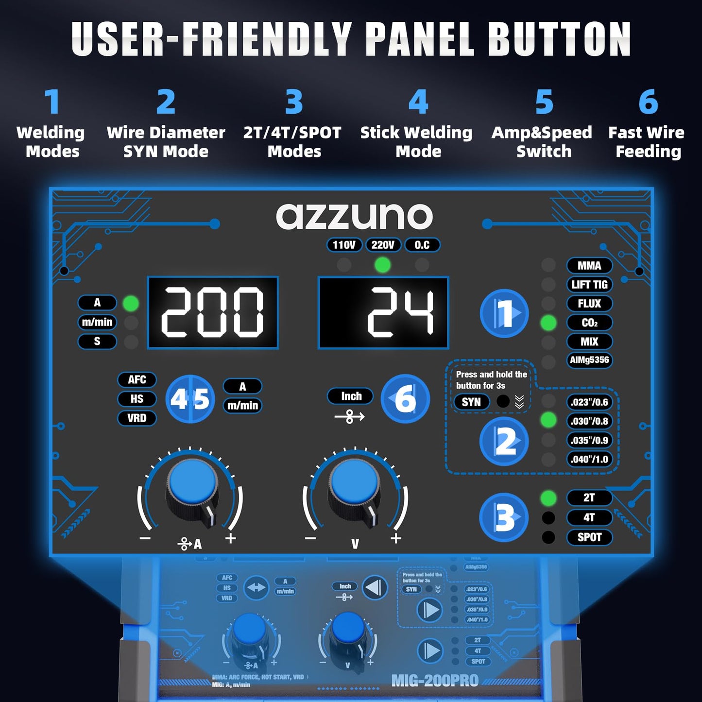 AZZUNO 8 in 1 200A MIG Welder & .035" 2LBS 2-Pack Flux Core Mig Welding Wire, 110V/220V Welder Machine Flux Core MIG/Gas MIG/MAG/Aluminum MIG/Spot MIG/Lift TIG/Stick Welding/Spool Gun Compatible, Mul