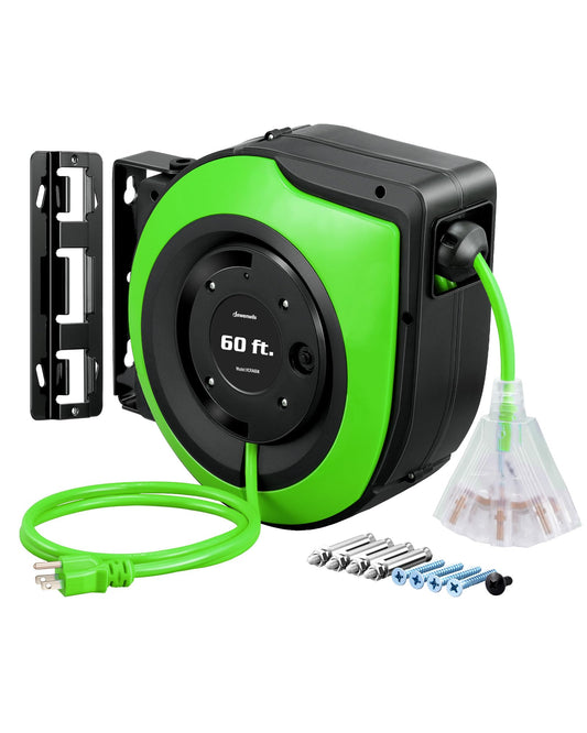 DEWENWILS Retractable Cord Reel, 60FT Heavy Duty Extension Cord, 12AWG/3C SJTOW, 3 Grounded Outlets Lighted Triple Tap, 15A Circuit Breaker, Wall/Ceiling Mounted for Garage, Workshop, UL Listed, Green