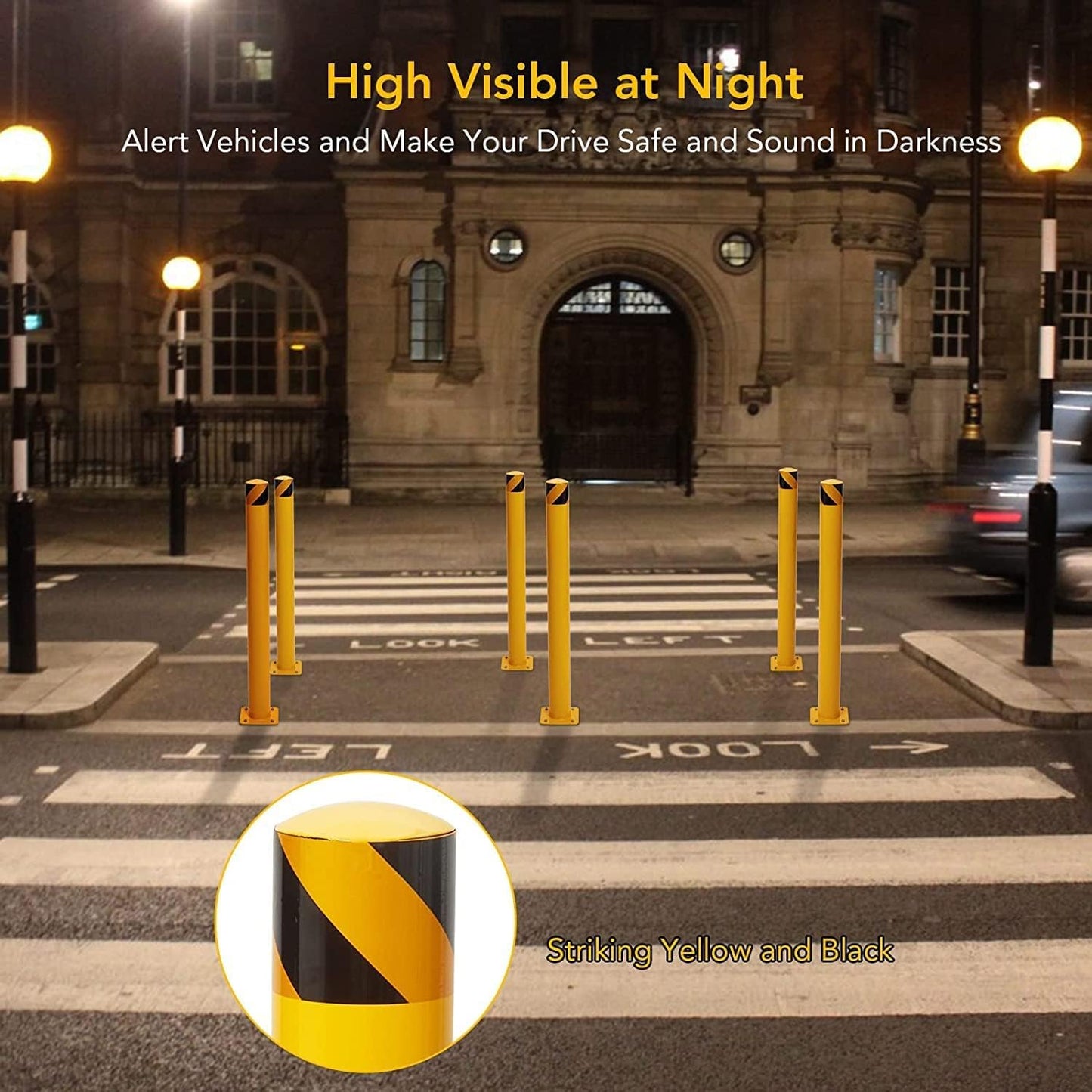 Safety Bollard, 6 Packs 48 Inch Height Bollard Post, 4.5 Inch Diameter, Yellow Safety Steel Bollard Post, with 24 Anchor Bolts, for Traffic Control, Driveway Barrier, Parking Pole
