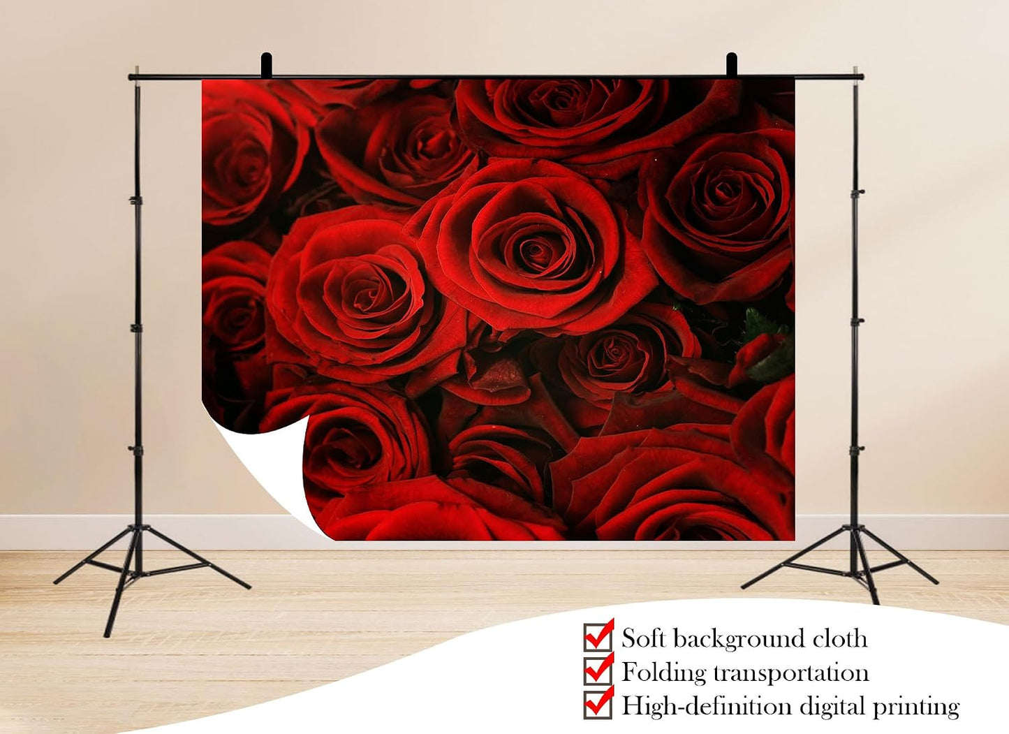 UPXIO 5x5ft Luxury Red Rose Bouquet Backdrop Dense Floral Blooms Photo Background Tapestry for Wedding Anniversary