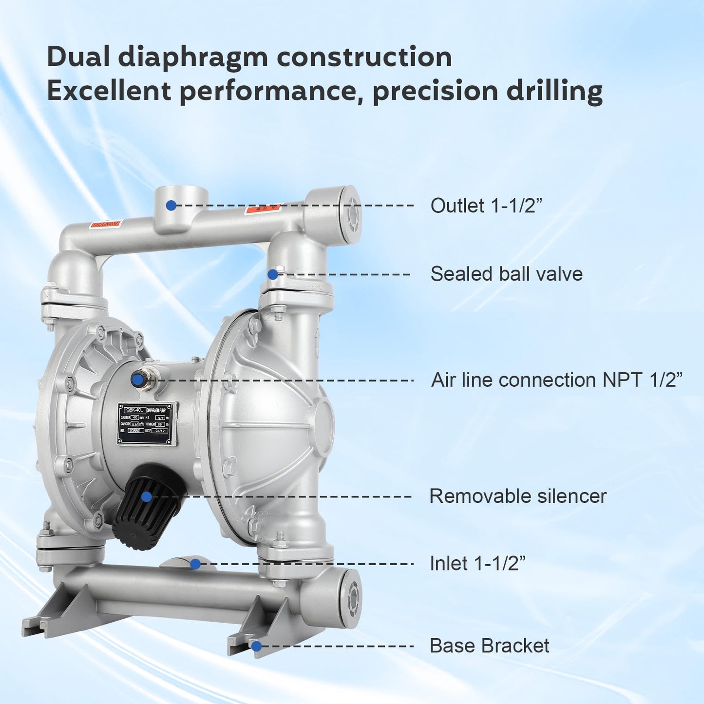 Air Operated Double Diaphragm Pump Pneumatic Waste Oil Transfer Pump for Chemical Dual Diaphram Polypropylene Nitrile Rubber by Stainless Steel Plastic (white, 1 inch Inlet)