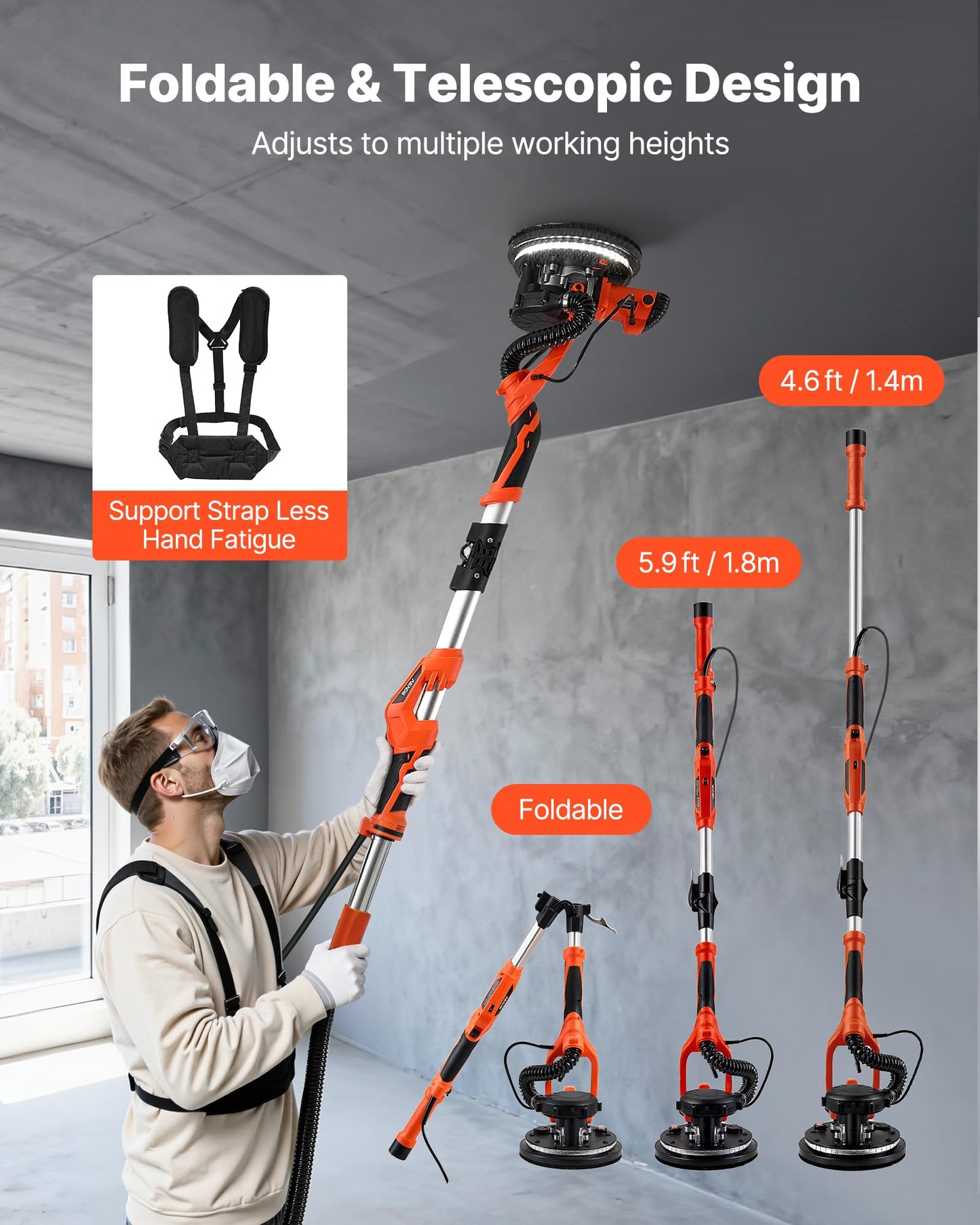 VEVOR Drywall Sander, 1150W Electric Drywall Sander, Popcorn Ceiling Removal Tool with Vacuum Dust Collection, 5 Variable Speed 800-1700 RPM, LED Light, Foldable & Extendable Handle, 15 Sanding Discs