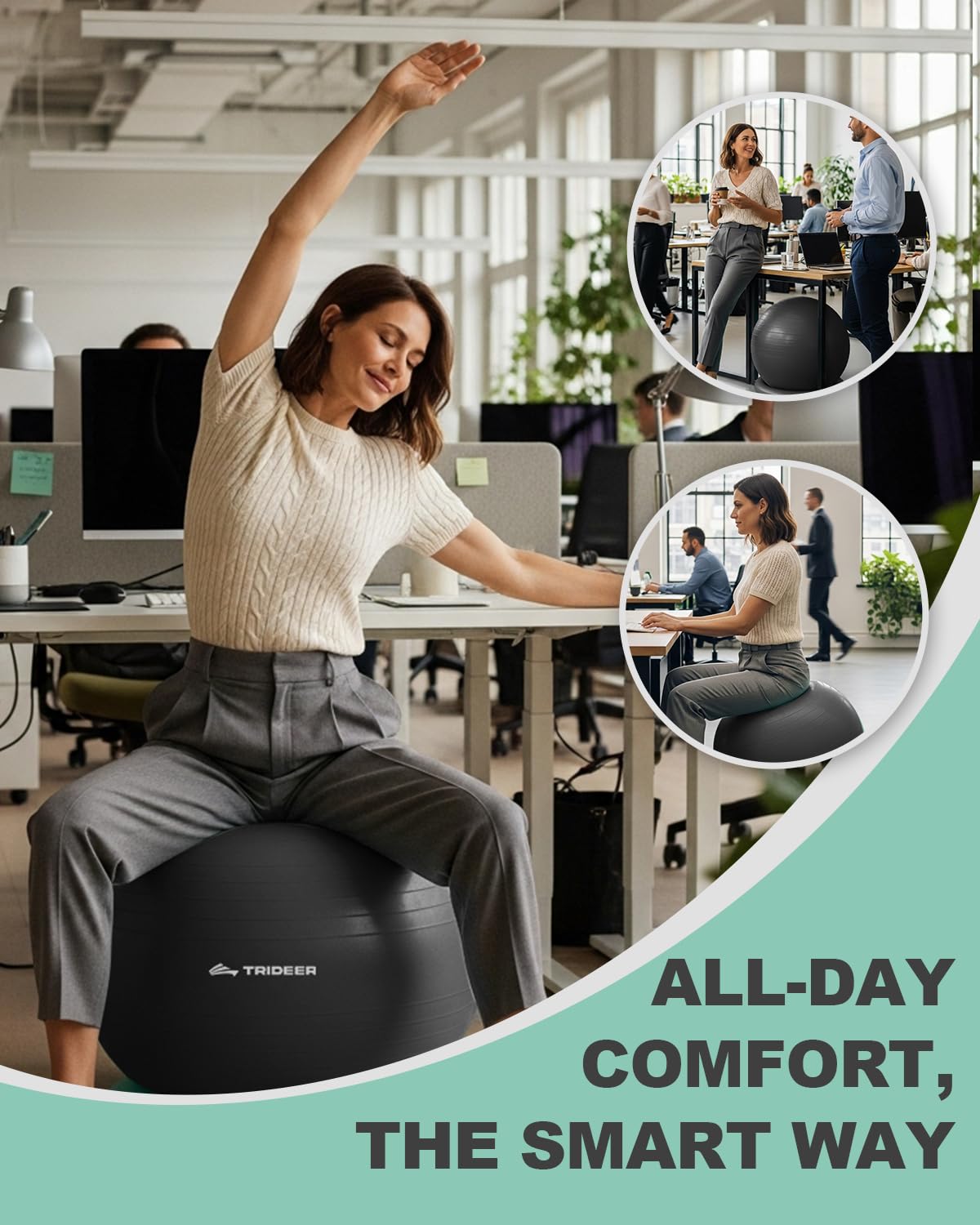 Trideer Exercise Ball for Office Desk, Yoga Ball Chair to Relieve Back Pain, Stability & Fitness Ball Seat with Base, Home Gym Core Workout, Abs, Stretching & Therapy