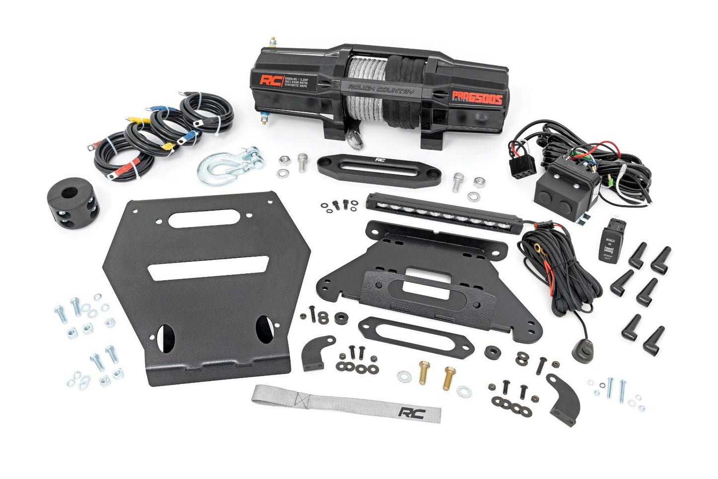 Rough Country 6,500 LB Winch Kit for Polaris RZR Pro R - Heavy Duty Mount, Pro Series UTV Winch with 50' Synthetic Rope & 10" LED Light Bar, Bolt-On Upgrade