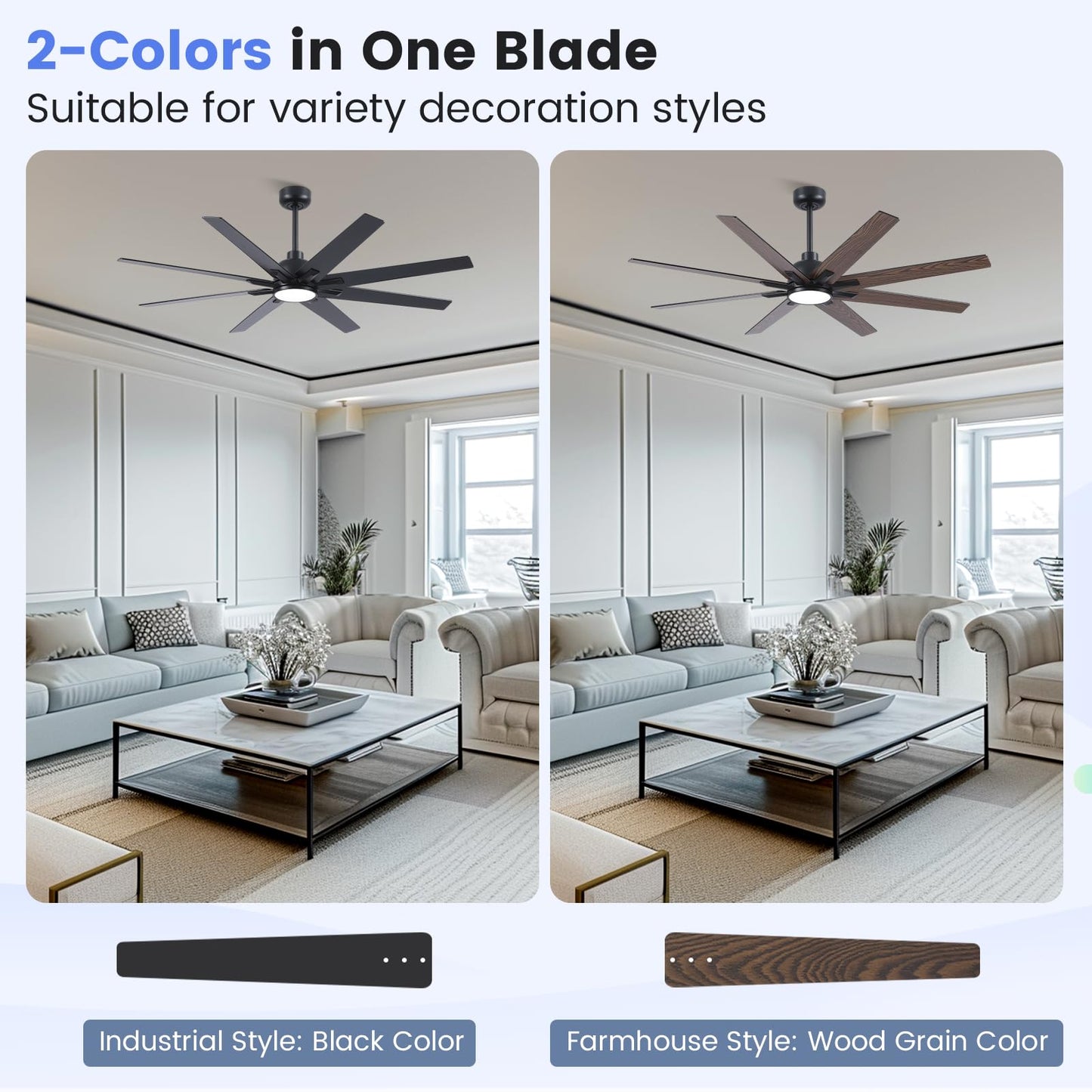 Newday 62 inch Large Ceiling Fans with Lights and Remote, Indoor/Outdoor Black Ceiling Fan for Living Room Patio, 6 Speeds Slient Reversible DC Motor, 3CCT, Timer, 2 Downrods, 8 Blades