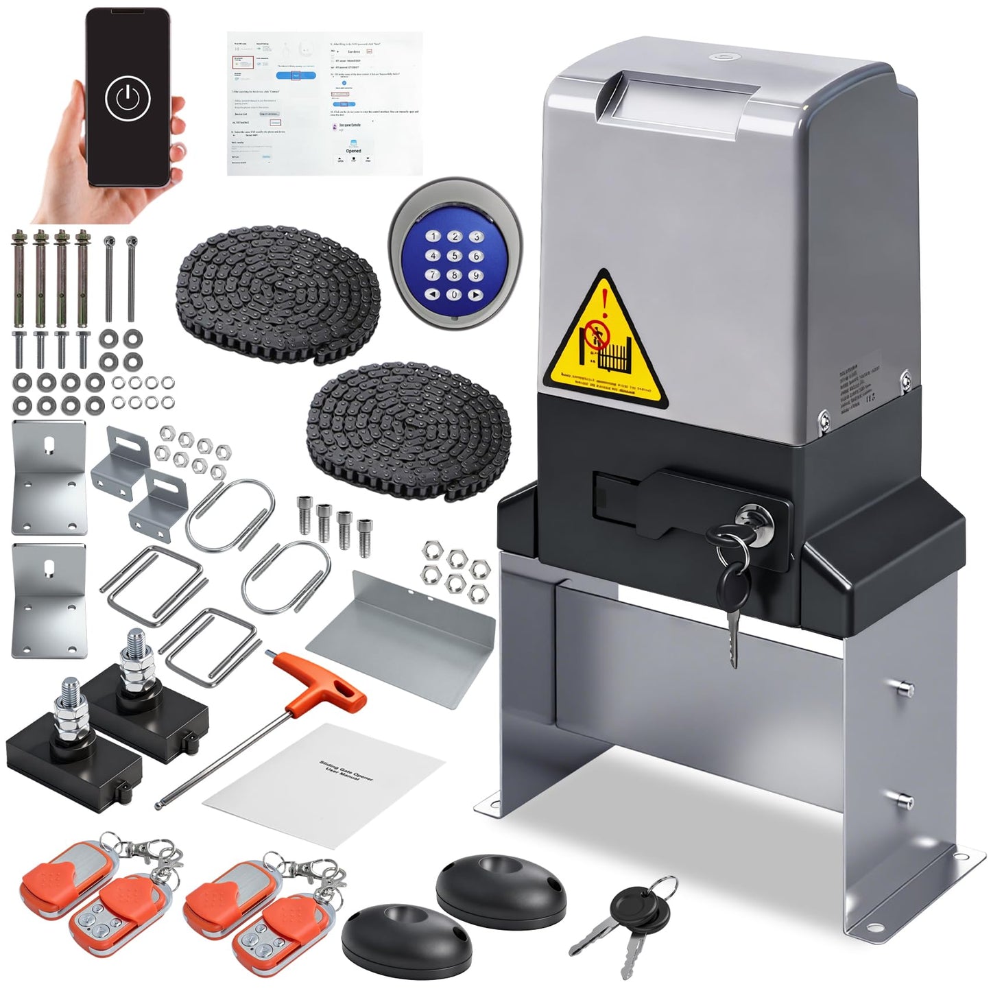 4400lbs Automatic Sliding Gate Opener with APP Control & 4 Remotes, 750W Heavy Duty Electric Sliding Gate Motor Kit with Wireless Keyboard for Sliding Gate Opener Up to 40ft
