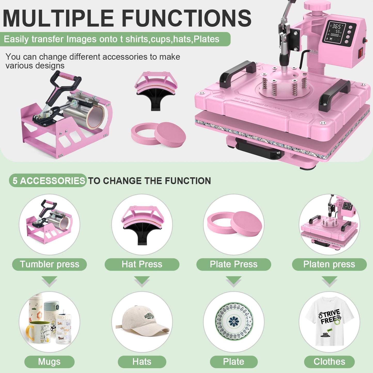 Seeutek 5 in 1 Heat Press Machine 12x15 inch Heat Press Machine with 360 Degree Swing Away T Shirt Pressing Machine, Multifunction Heat Transfer Sublimation Combo for T Shirts Mugs Hat Plate Cap