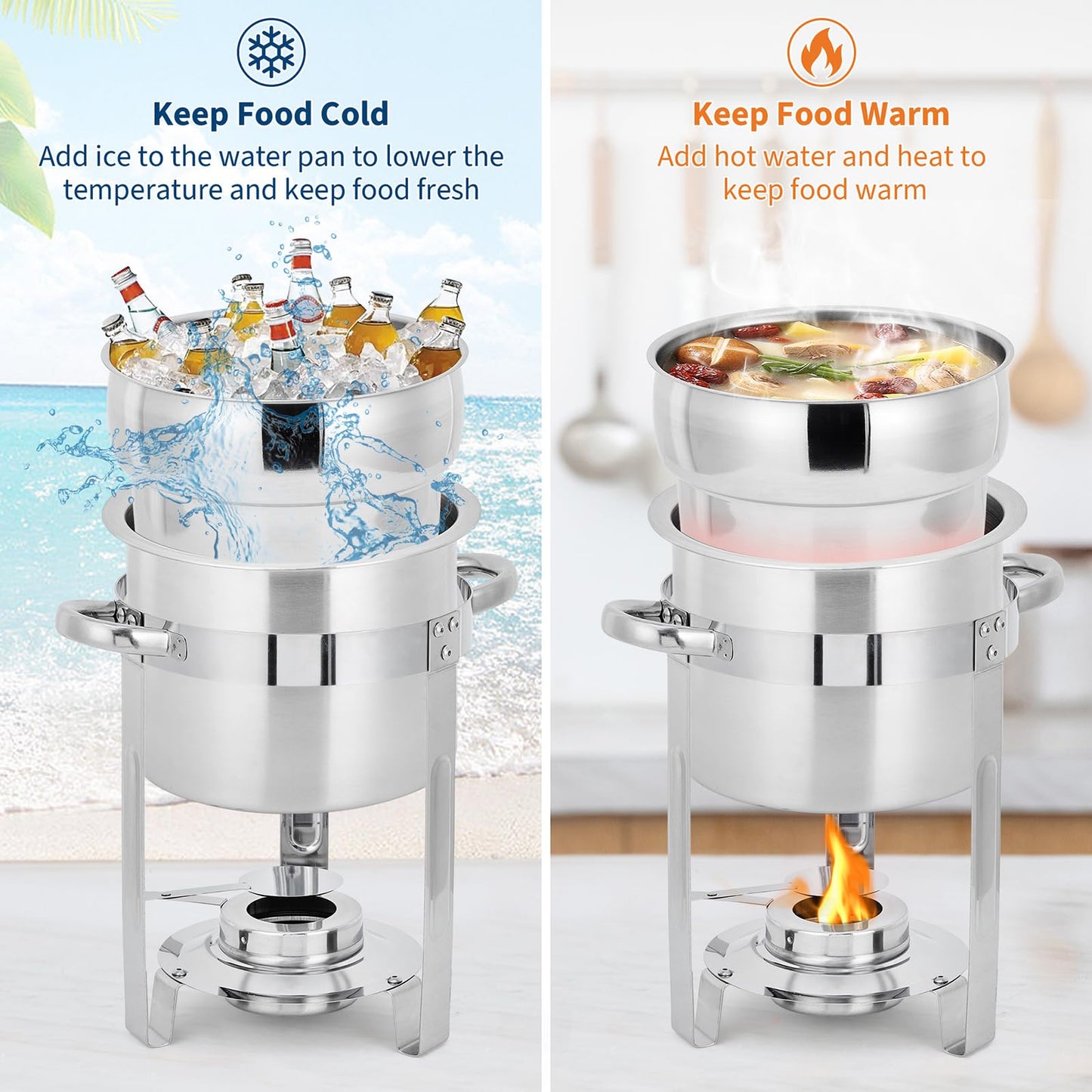 Commercial 11QT Soup Chafer Set, 4 Pack Stainless Steel Round Food Warmers Set with Pot, Notched Lids & Fuel Containers, Soup Warmers Ideal for Buffet Service & Event Catering