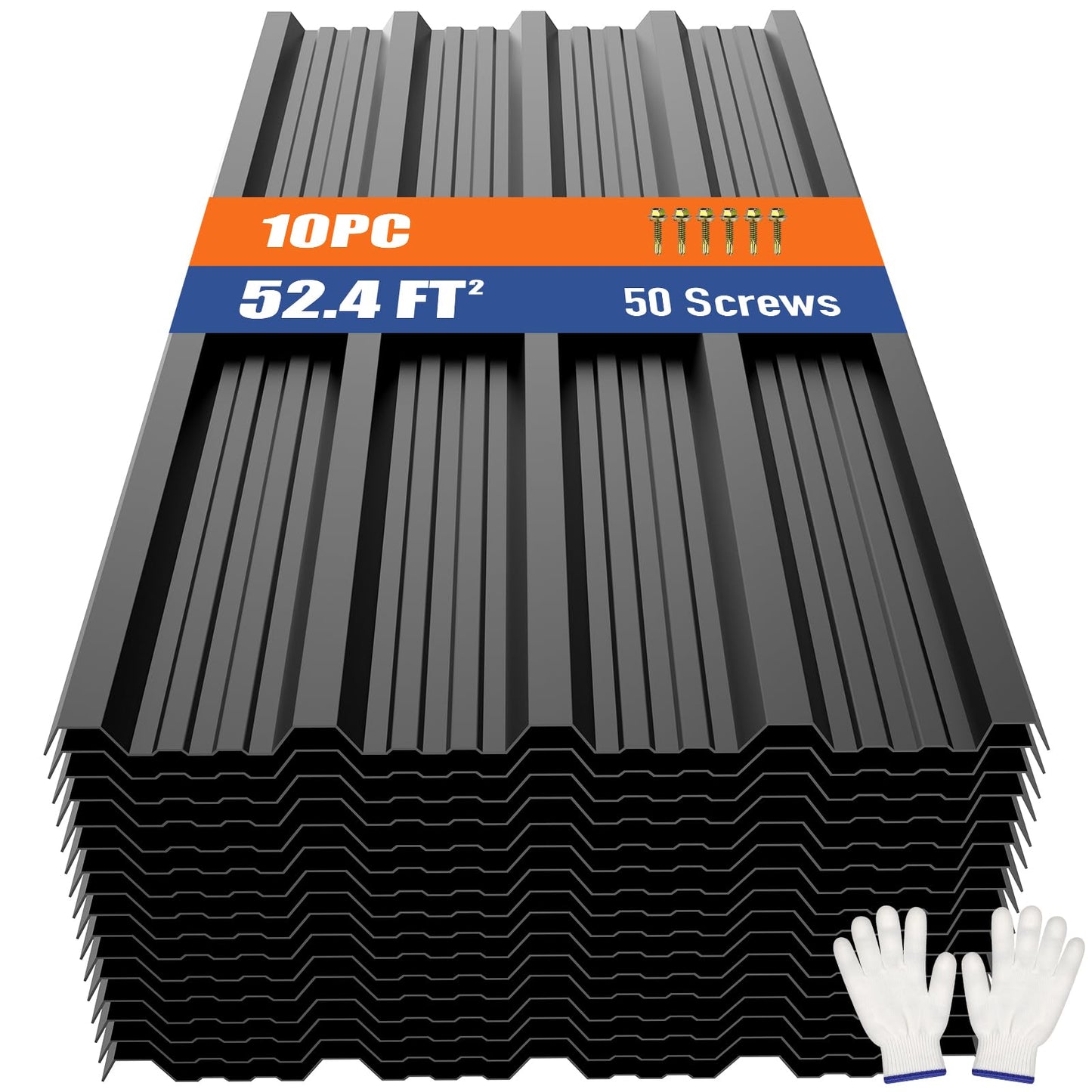 Brakki Metal Roofing Panels 10pcs 52.4 ft², Black Corrugated Galvanized Steel Roof Panels with Screw, Heavy Duty Metal Siding Suitable for Garages Chicken Coop Sheds Stables Patio