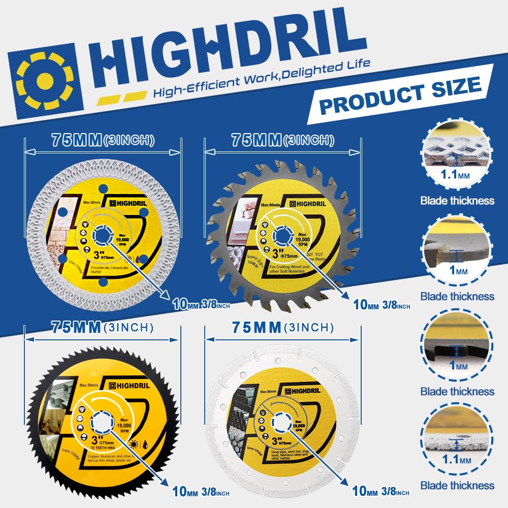 HIGHDRIL 3" 75mm Circular Saw Blade Set 4pcs and HIGHDRIL 11Pcs Diamond Hole Saw Kit