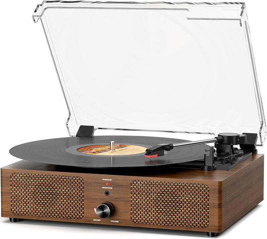 Mersoco 3-Speed Vintage Wooden Record Player with Bluetooth Belt-Driven Turntable Built-in Speakers, Beginner Friendly