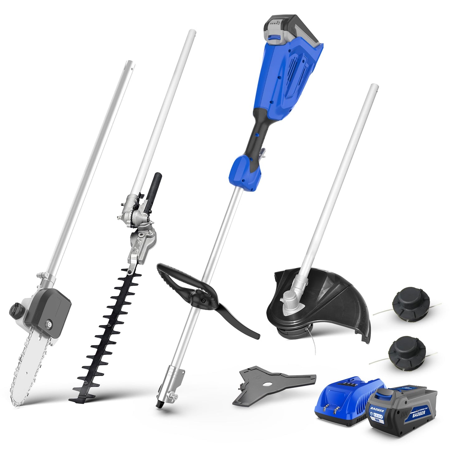 Wild Badger Power 40V Brushless Weed Wacker, String Trimmer/Edger, Hedge Trimmer and Brush Cutter Blade, Pole Saw, Attachment Capable 4-in-1 Multi-Tool Kit with 1 * 40V 4Ah Battery and 1*Charger