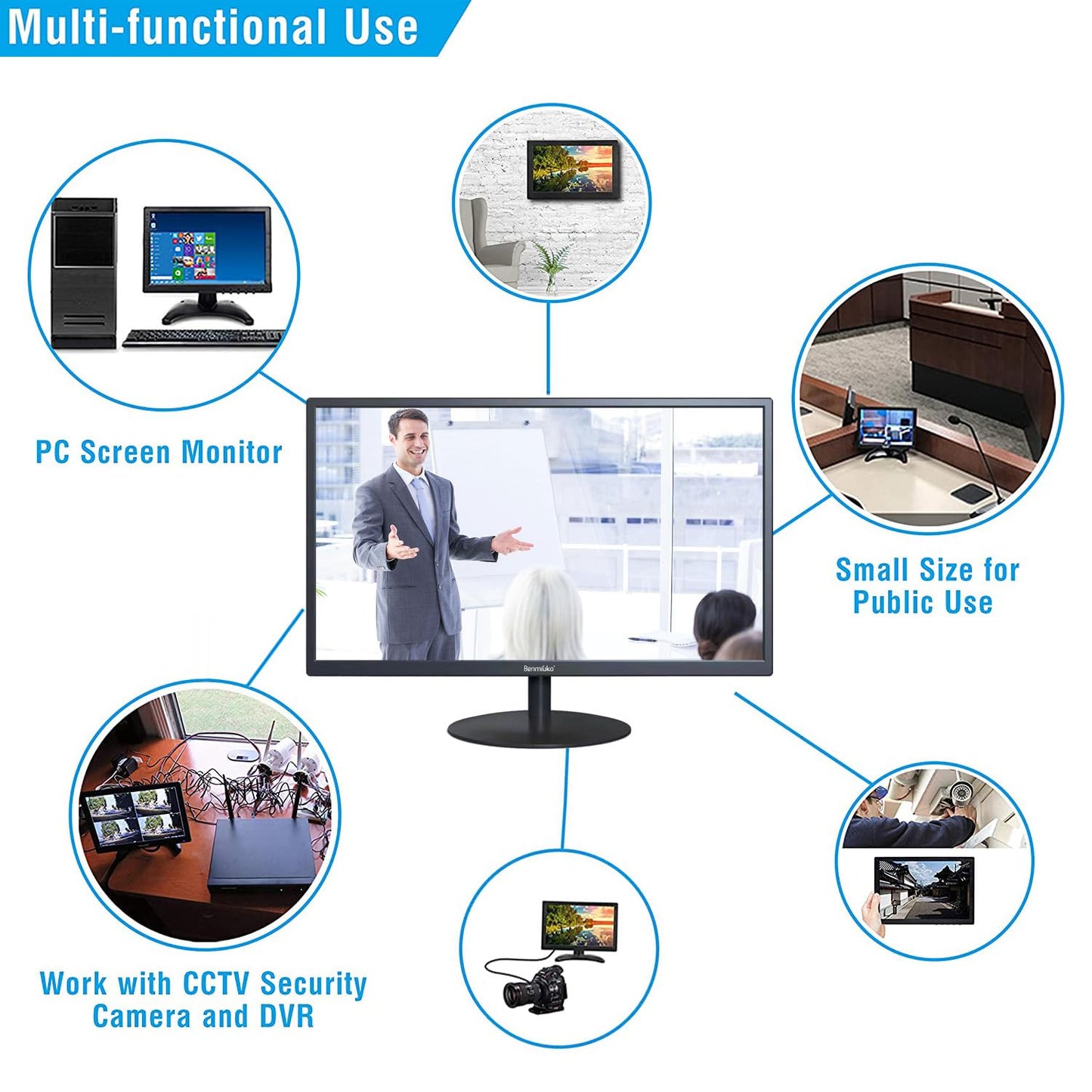Benmiuko 24 inch Monitoring Display Screen Security Camera Monitor LCD Multi Functional Interface HDMI, BNC, VGA, AV, USB Input CCTV Computer Monitors Built in Speaker 1920x1080 Full HD