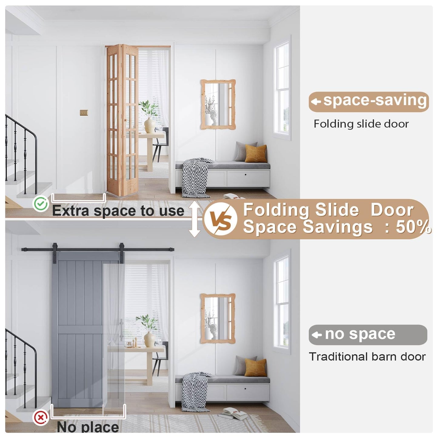 EaseLife Bifold Closet Door,for 36in x 80in (Double 18x80) Opening,French Glass Barn Doors with 3FT Concealed Bi-Fold Sliding Hardware Kit Included,Preassembled Door,Easy Install,DIY staining