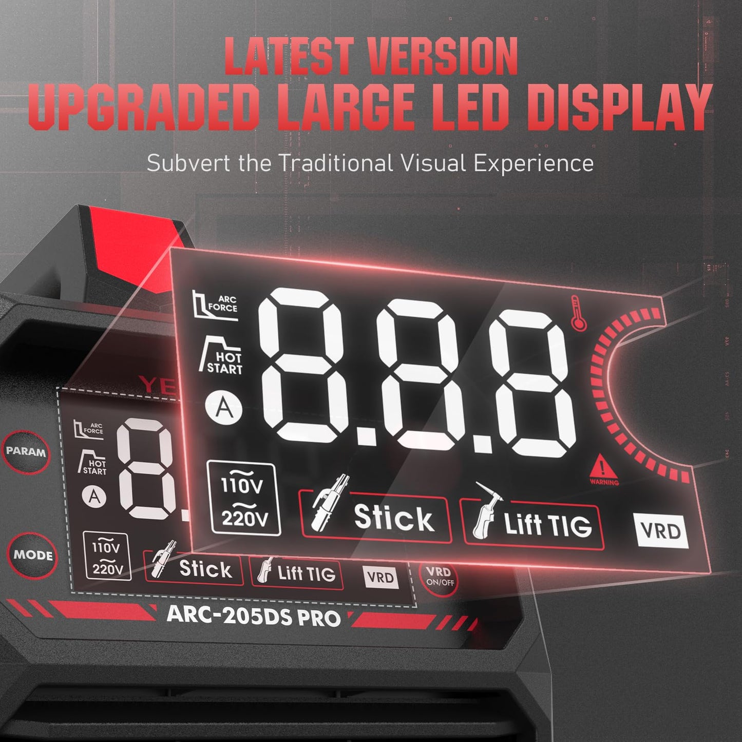YESWELDER Stick Welder 205Amp Large LED Display Digital Inverter IGBT Welding Machine & Large Viewing True Color Solar Powered Auto Darkening Welding Helmet with Side View