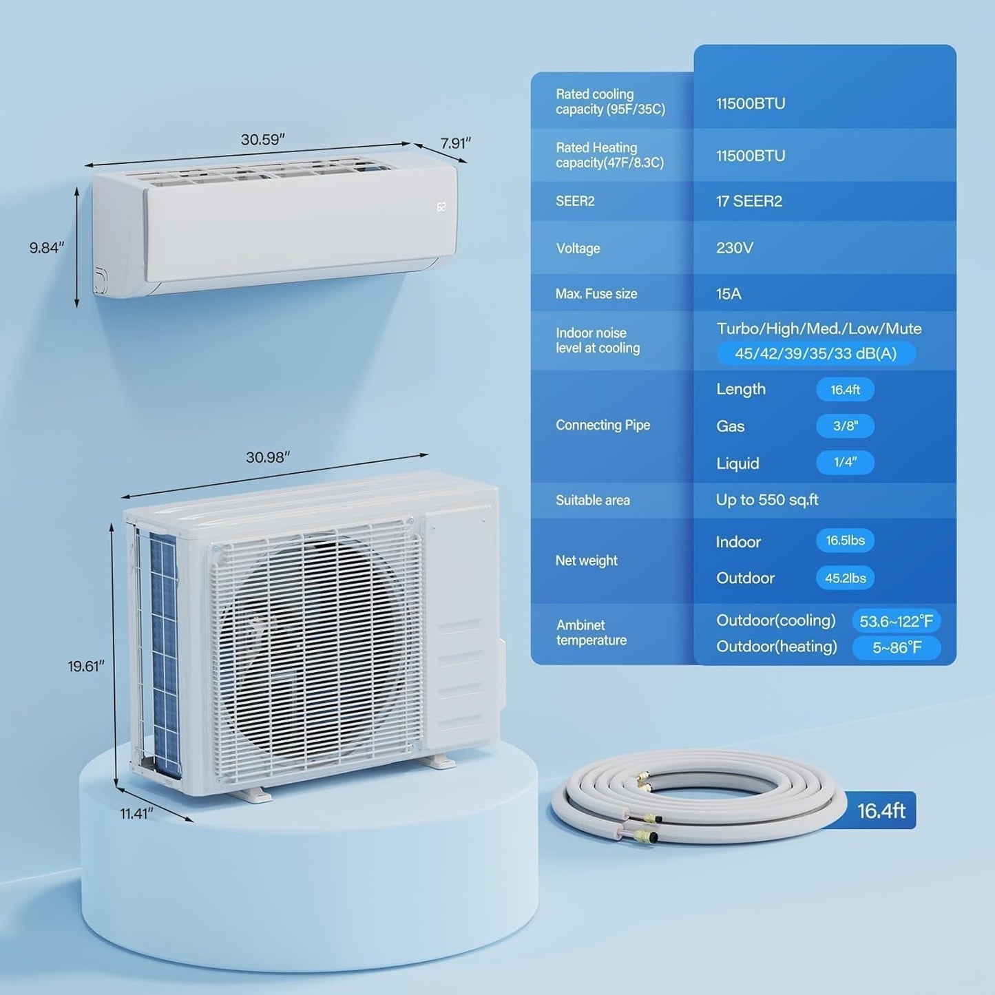11500 BTU Wifi Enabled Mini Split Air Conditioner & Heater, 17 SEER2 208/230V Inverter Ductless Wall AC Unit with Pre-Charged Condenser, Heat Pump & Installation Kit