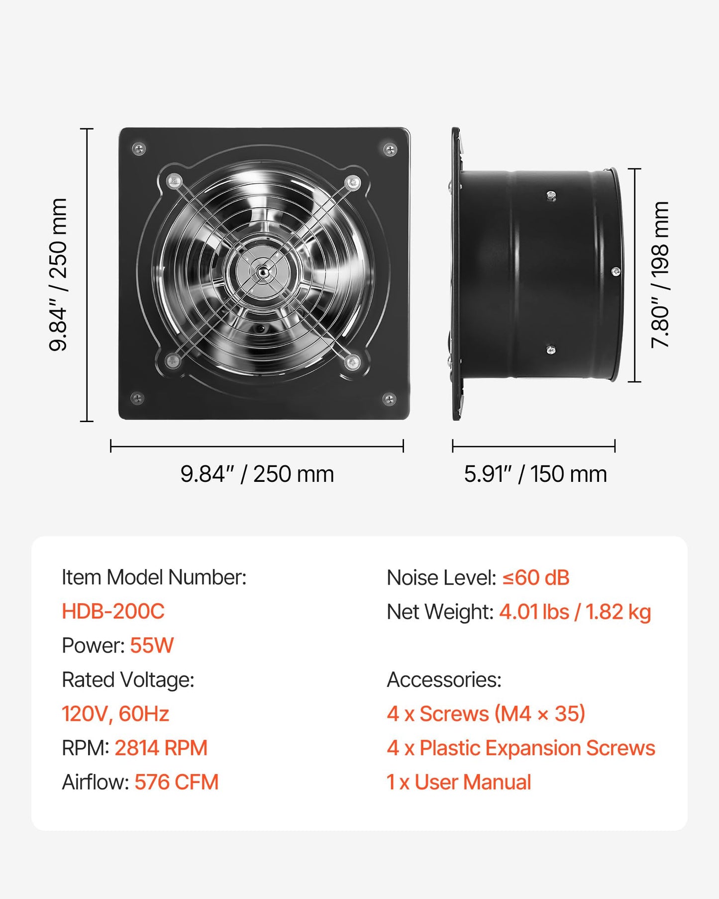 VEVOR 8 Inch Exhaust Fan, 576 CFM High Velocity Wall Mount Vent Fan with On/Off Control, Low Consumption, Portable Ventilation Extractor for Attic,Garage,Basement,Workshop,Kitchen, Chicken Coop,Black