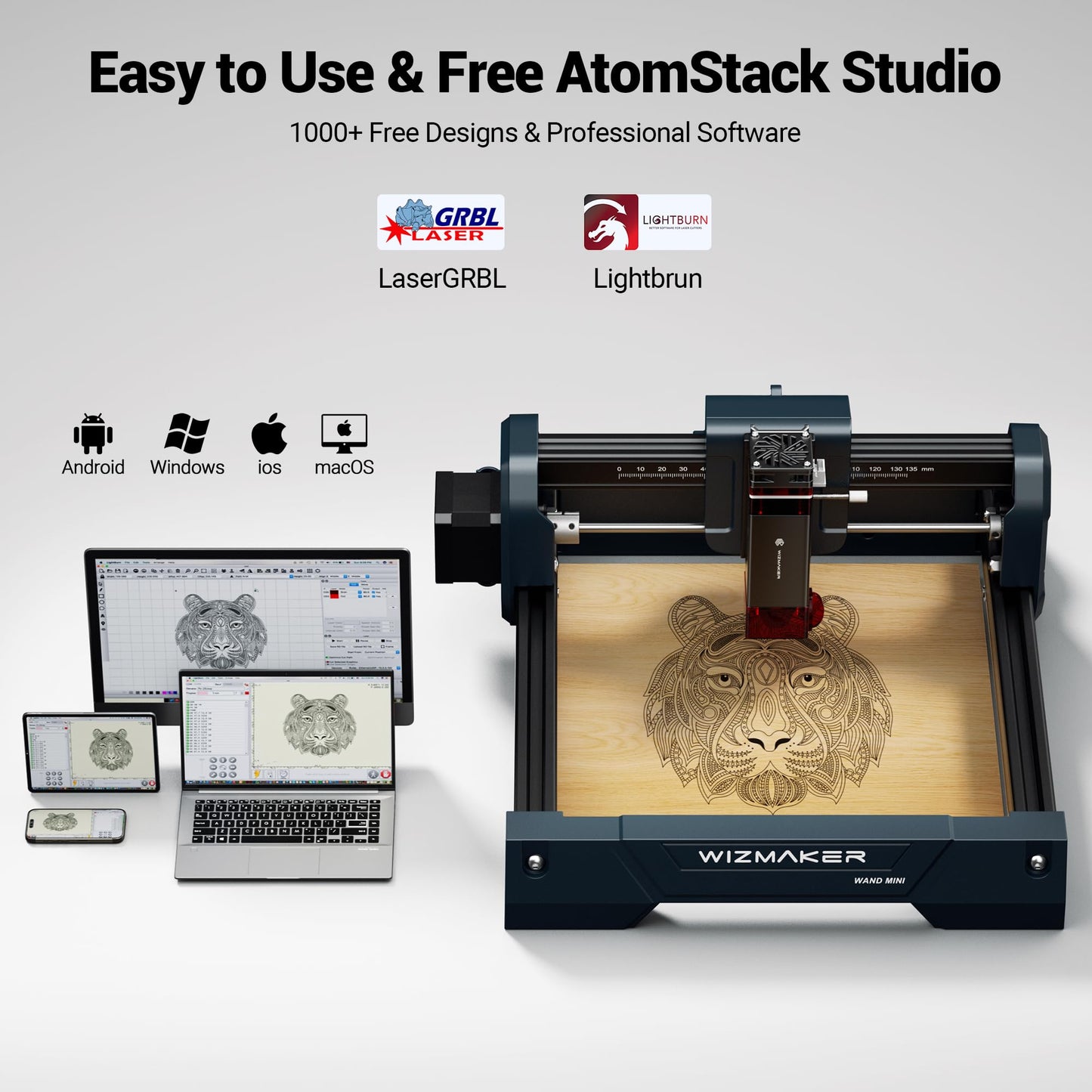 WIZMAKER Wand MINI 3.5W Laser Engraver, Beginner DIY Wood, Leather, Paper, MDF, Acrylic Engraving Machine, 135×145mm, WiFi/USB/Hotspot, LaserGRBL 3500mW