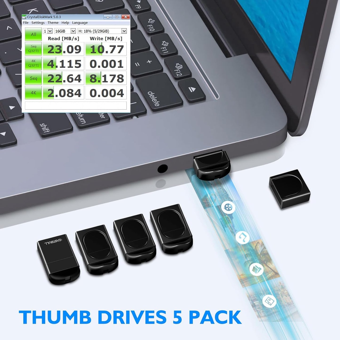 EASTBULL 4GB 5 Pack USB2.0 FAT32 4 5 Pack 1 Small Flash Drives Mini USB Drive with a USB-C Adapter, Mini Thumb Drive GB